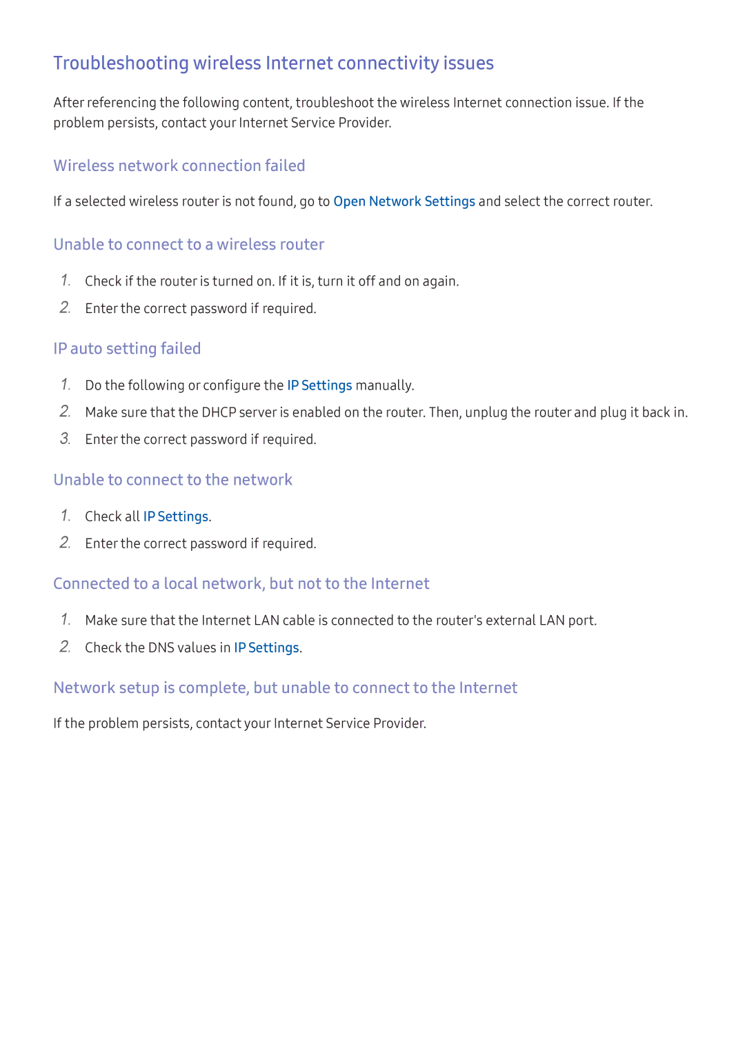 Samsung UA55K6500BRXUM manual Troubleshooting wireless Internet connectivity issues, Wireless network connection failed 