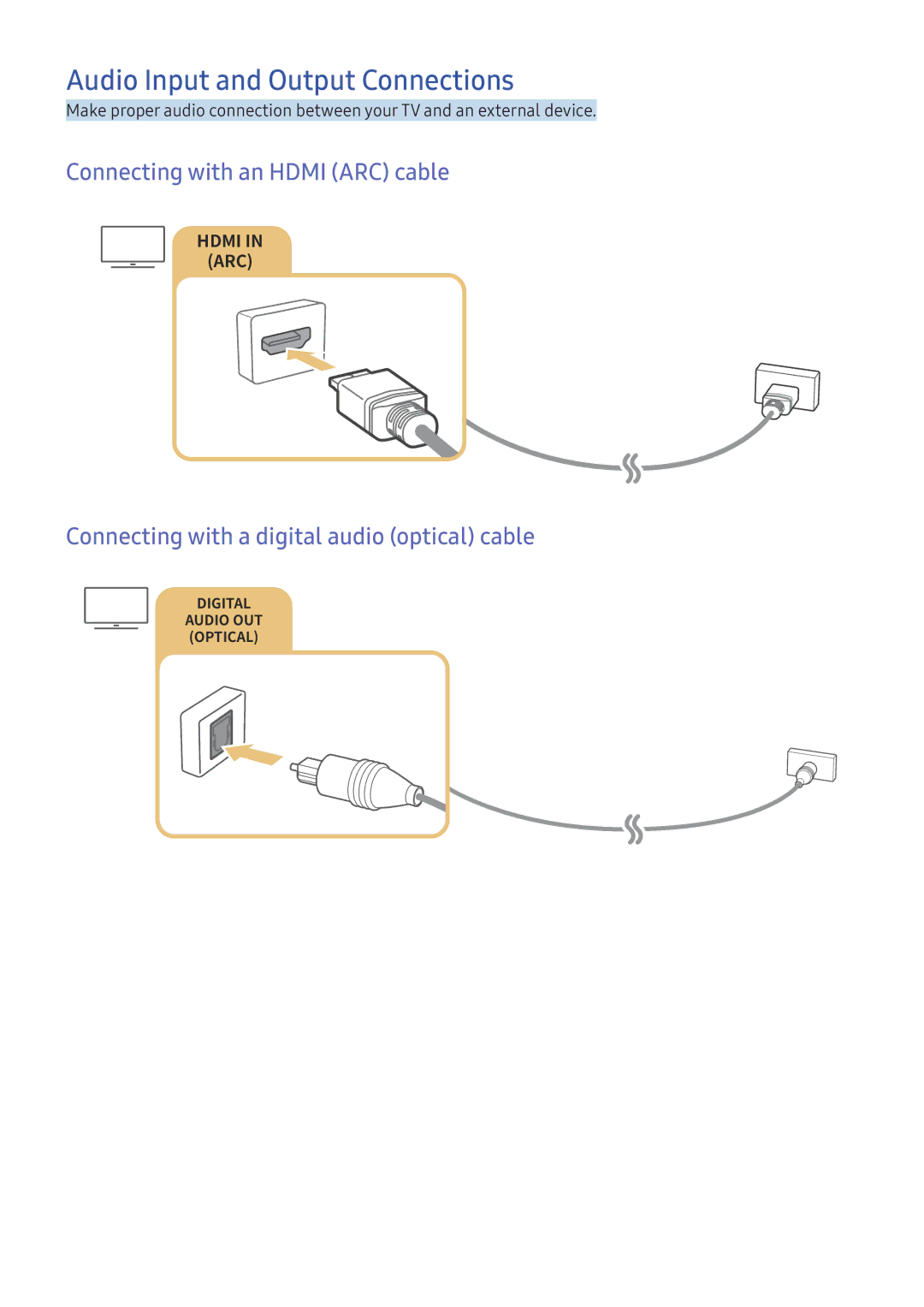 Samsung UA58J5200ARXUM, UA49K6500ARXUM manual Audio Input and Output Connections, Connecting with an Hdmi ARC cable 