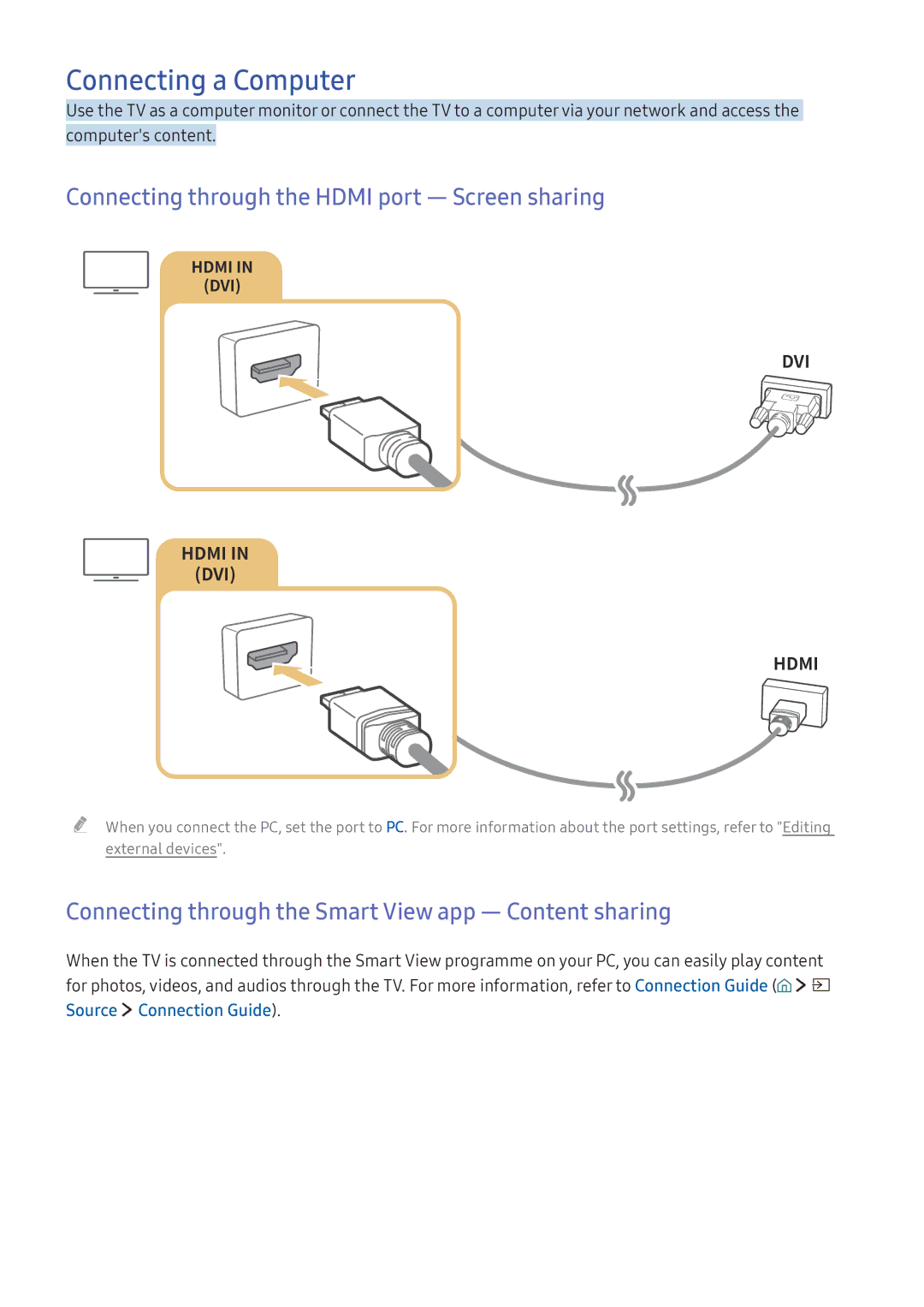 Samsung UA49K6500ARXUM, UA55K6000ARXUM manual Connecting a Computer, Connecting through the Hdmi port ― Screen sharing 