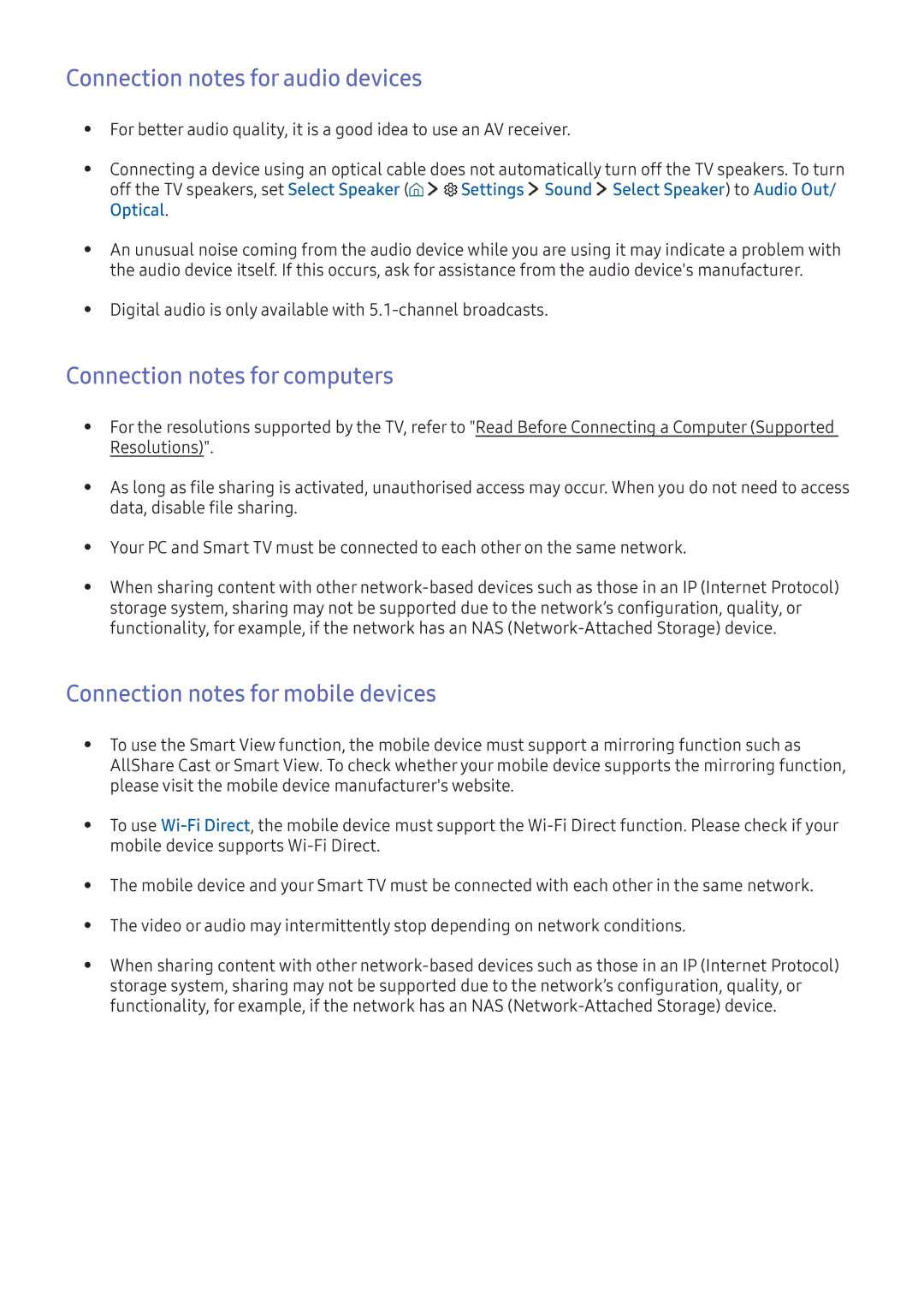 Samsung UA55K6500BRXUM, UA49K6500ARXUM manual Connection notes for audio devices, Connection notes for computers, Optical 