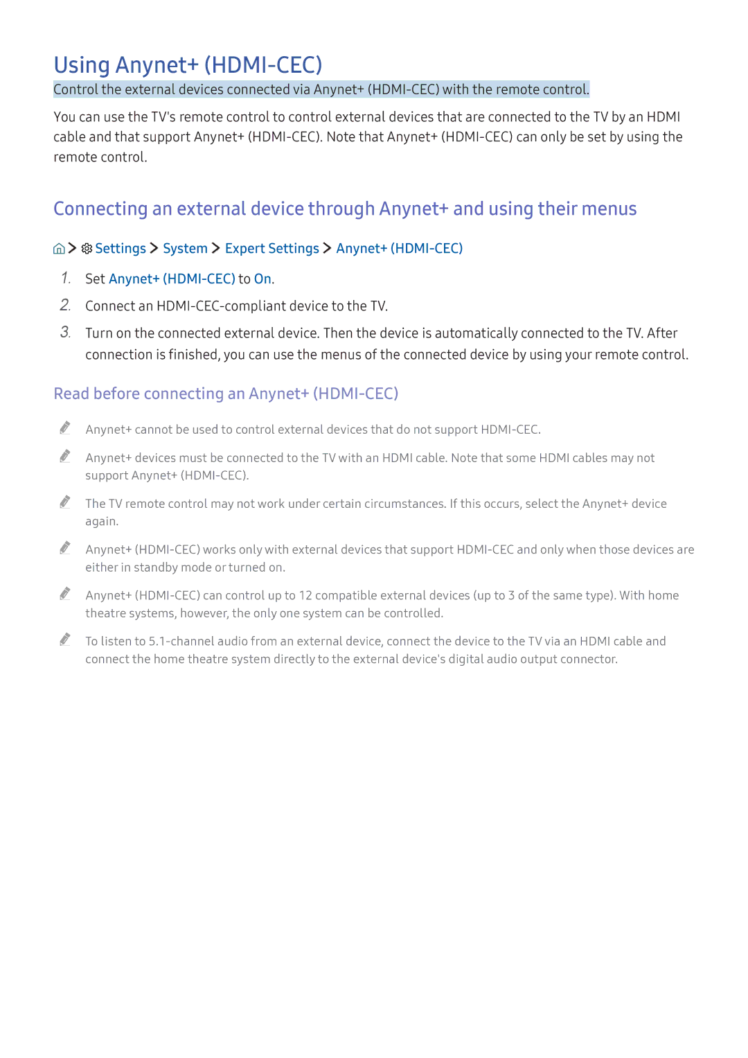 Samsung UA58J5200ARXUM, UA49K6500ARXUM, UA55K6000ARXUM Using Anynet+ HDMI-CEC, Read before connecting an Anynet+ HDMI-CEC 