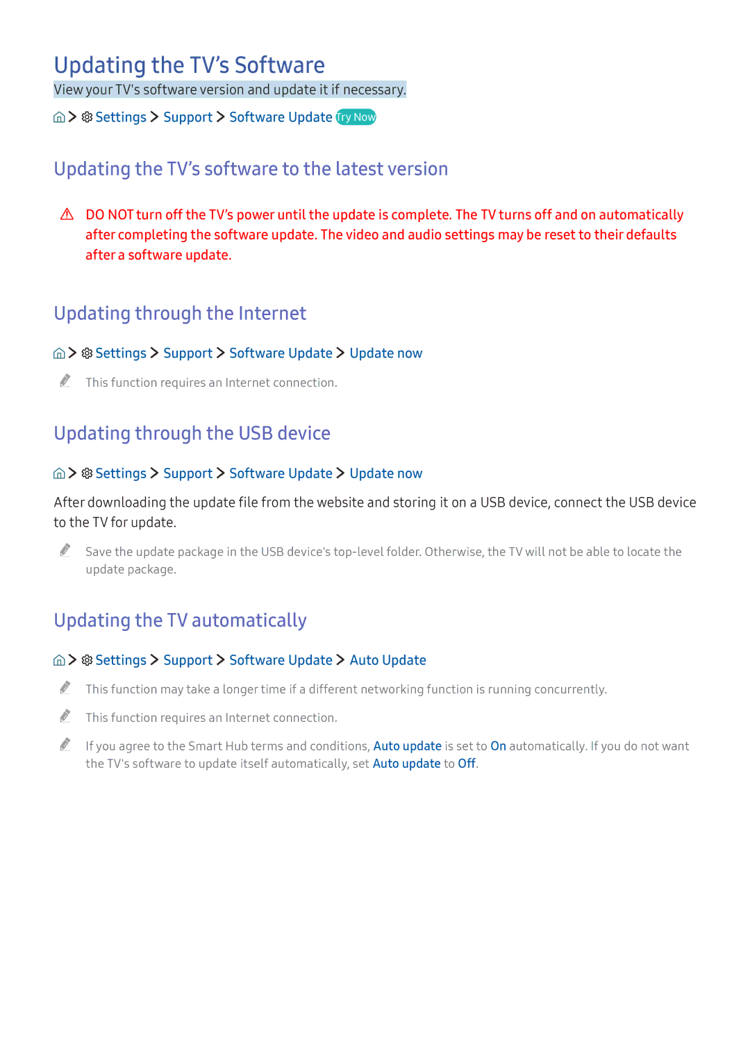 Samsung UA55K6500ARXUM, UA49K6500ARXUM manual Updating the TV’s Software, Updating the TV’s software to the latest version 