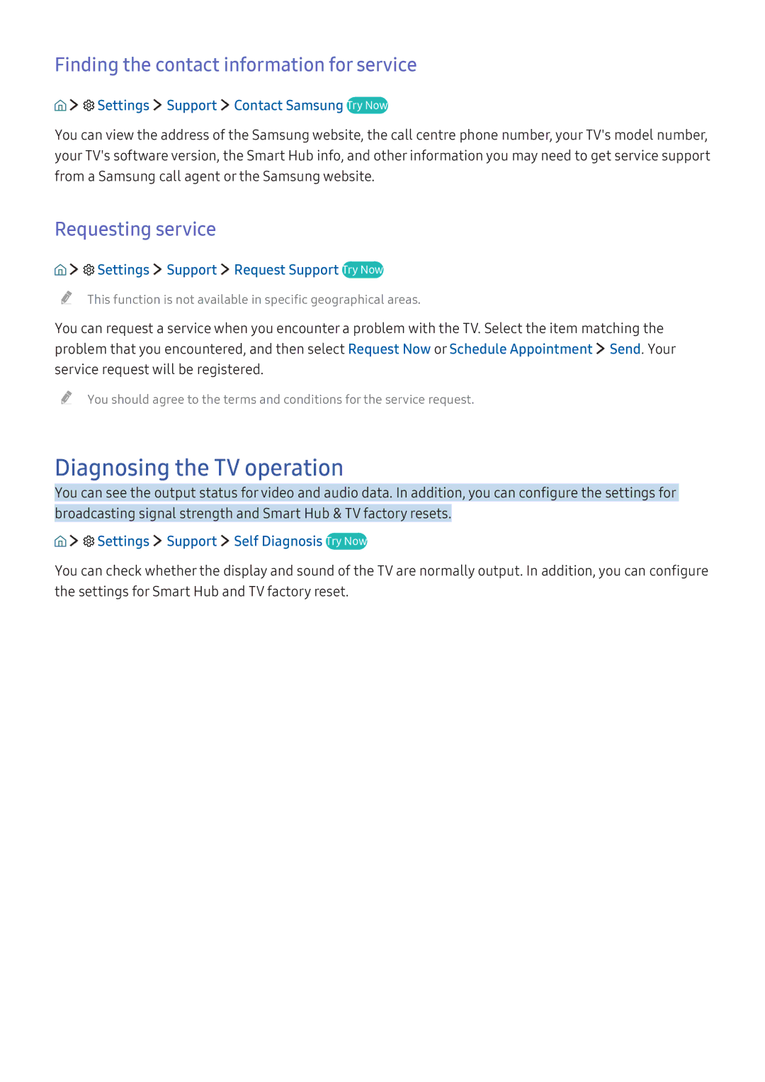 Samsung UA49K6500ARXUM manual Diagnosing the TV operation, Finding the contact information for service, Requesting service 