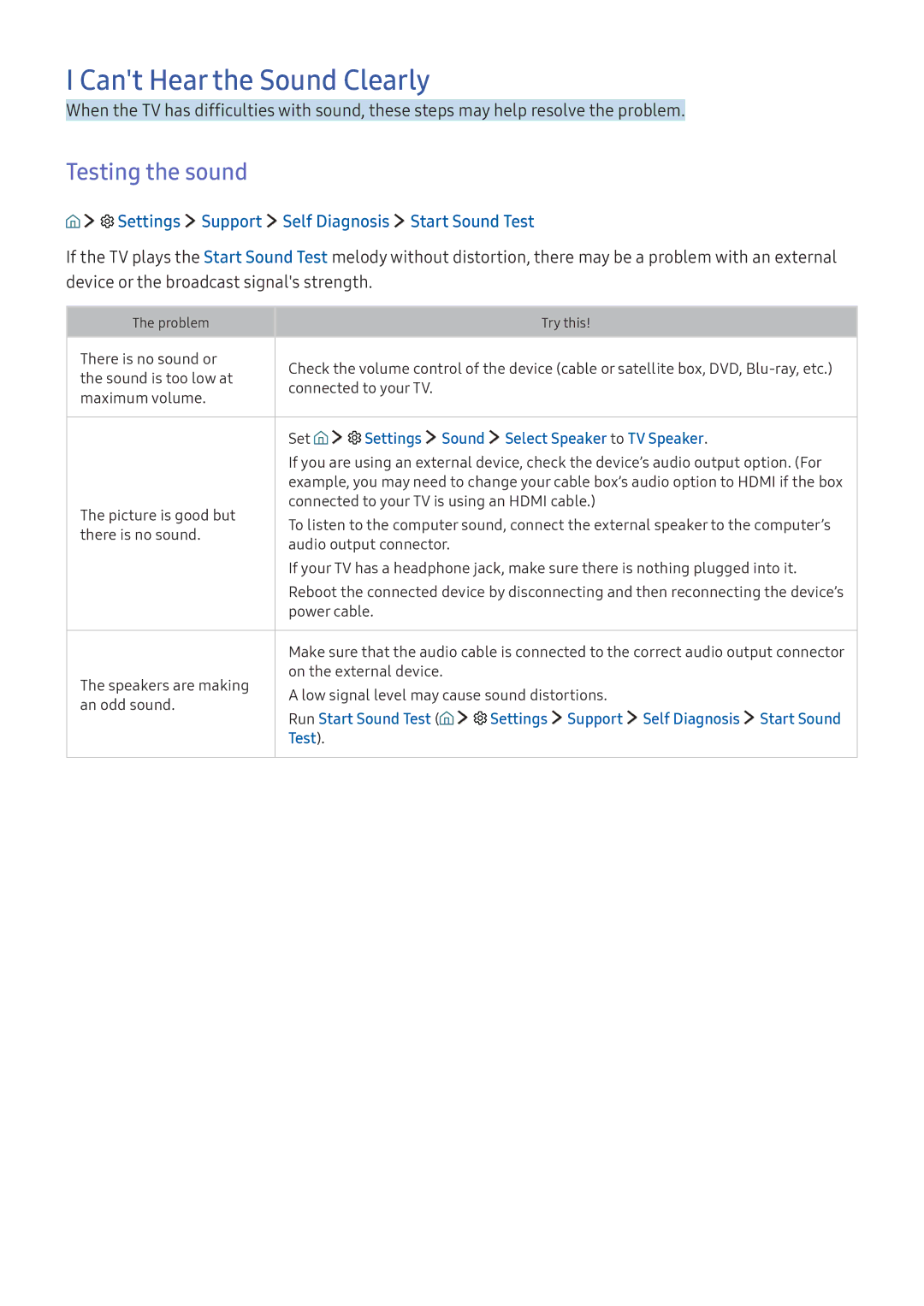 Samsung UA55K6500BRXUM Cant Hear the Sound Clearly, Testing the sound, Settings Support Self Diagnosis Start Sound Test 