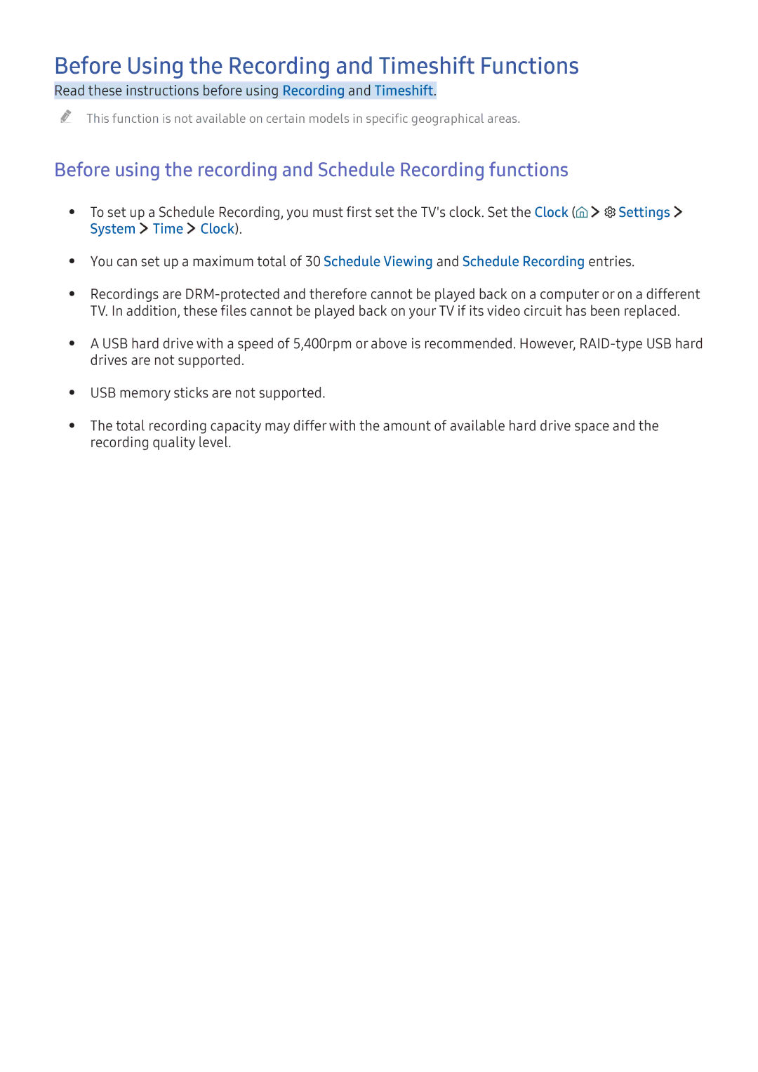 Samsung UA49K5300ARXUM, UA49K6500ARXUM manual Before Using the Recording and Timeshift Functions, System Time Clock 