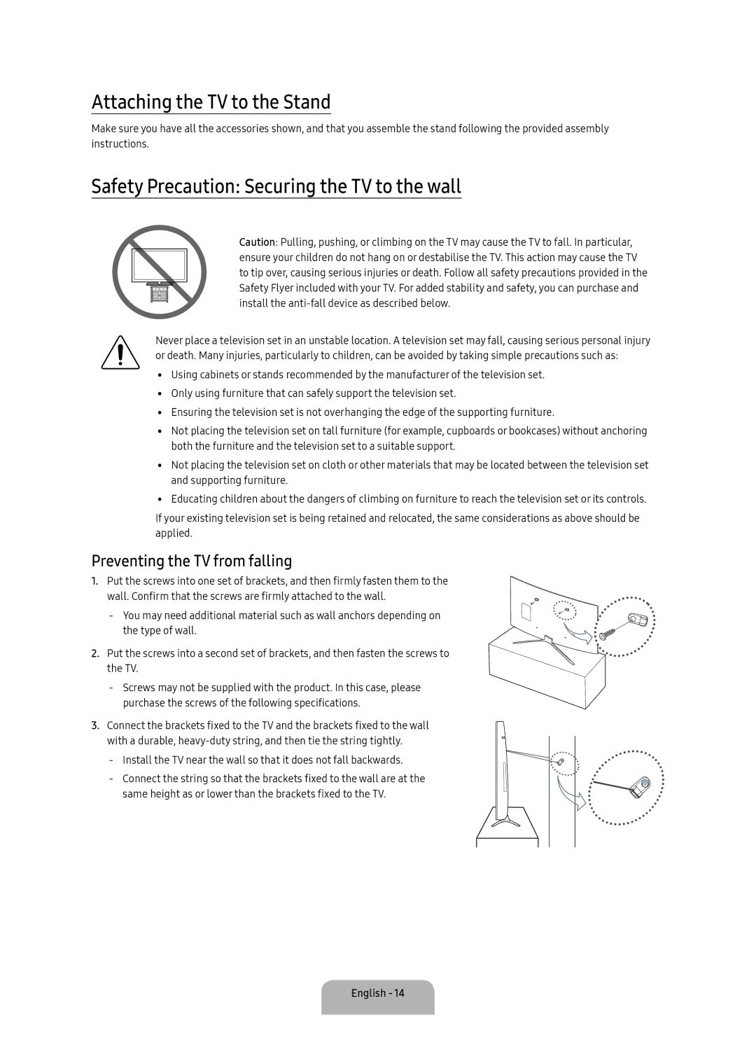 Samsung UA55K6500ARXUM, UA49K6500ARXUM manual Attaching the TV to the Stand, Safety Precaution Securing the TV to the wall 