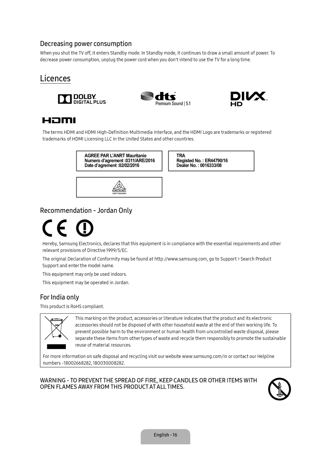 Samsung UA55K6500BRXUM, UA49K6500ARXUM Licences, Decreasing power consumption, Recommendation Jordan Only, For India only 