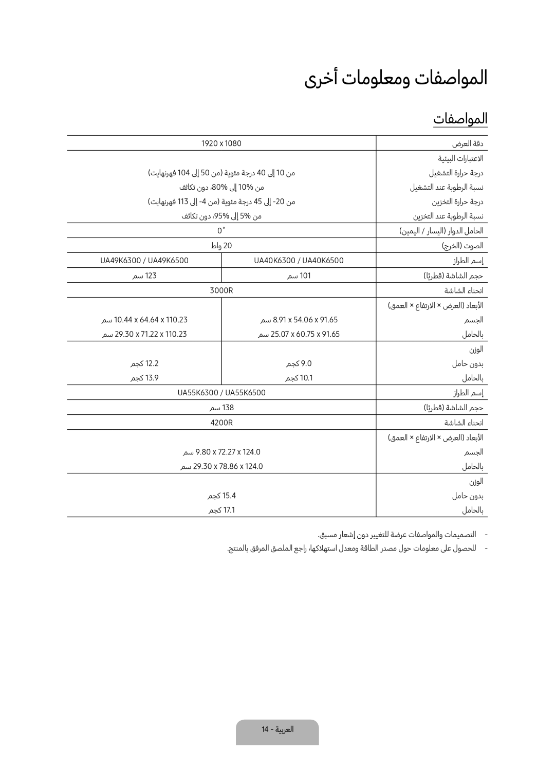 Samsung UA55K6500ARXUM, UA49K6500ARXUM, UA55K6500BRXUM manual ىرخأ تامولعمو تافصاوملا 