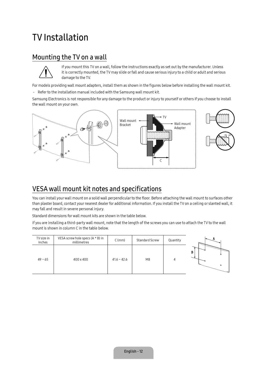 Samsung UA49KU7350RXUM manual TV Installation, Mounting the TV on a wall, Vesa wall mount kit notes and specifications 