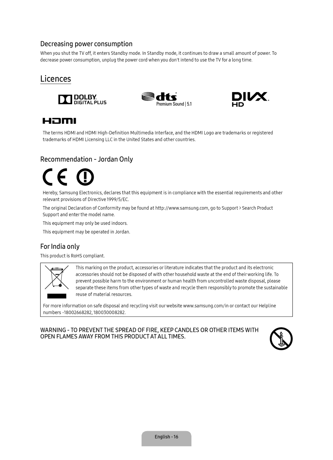 Samsung UA55KU7350RXUM, UA49KU7350RXUM Licences, Decreasing power consumption, Recommendation Jordan Only, For India only 