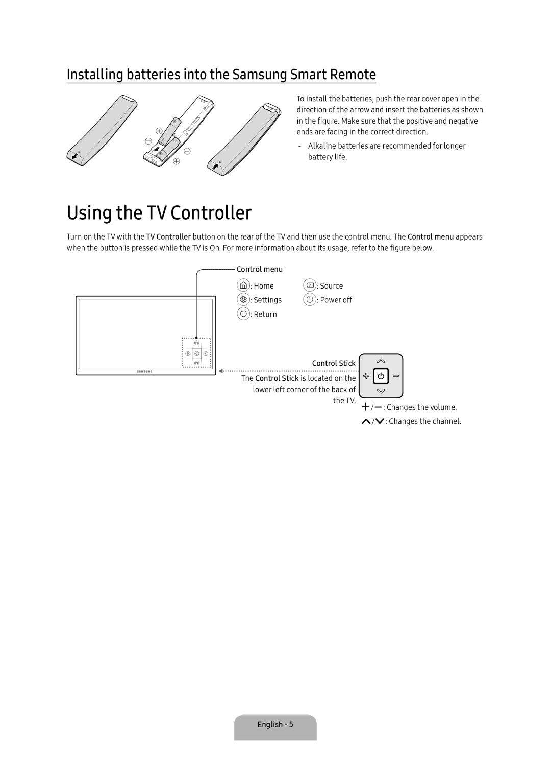 Samsung UA65KU7350RXUM, UA49KU7350RXUM manual Using the TV Controller, Installing batteries into the Samsung Smart Remote 