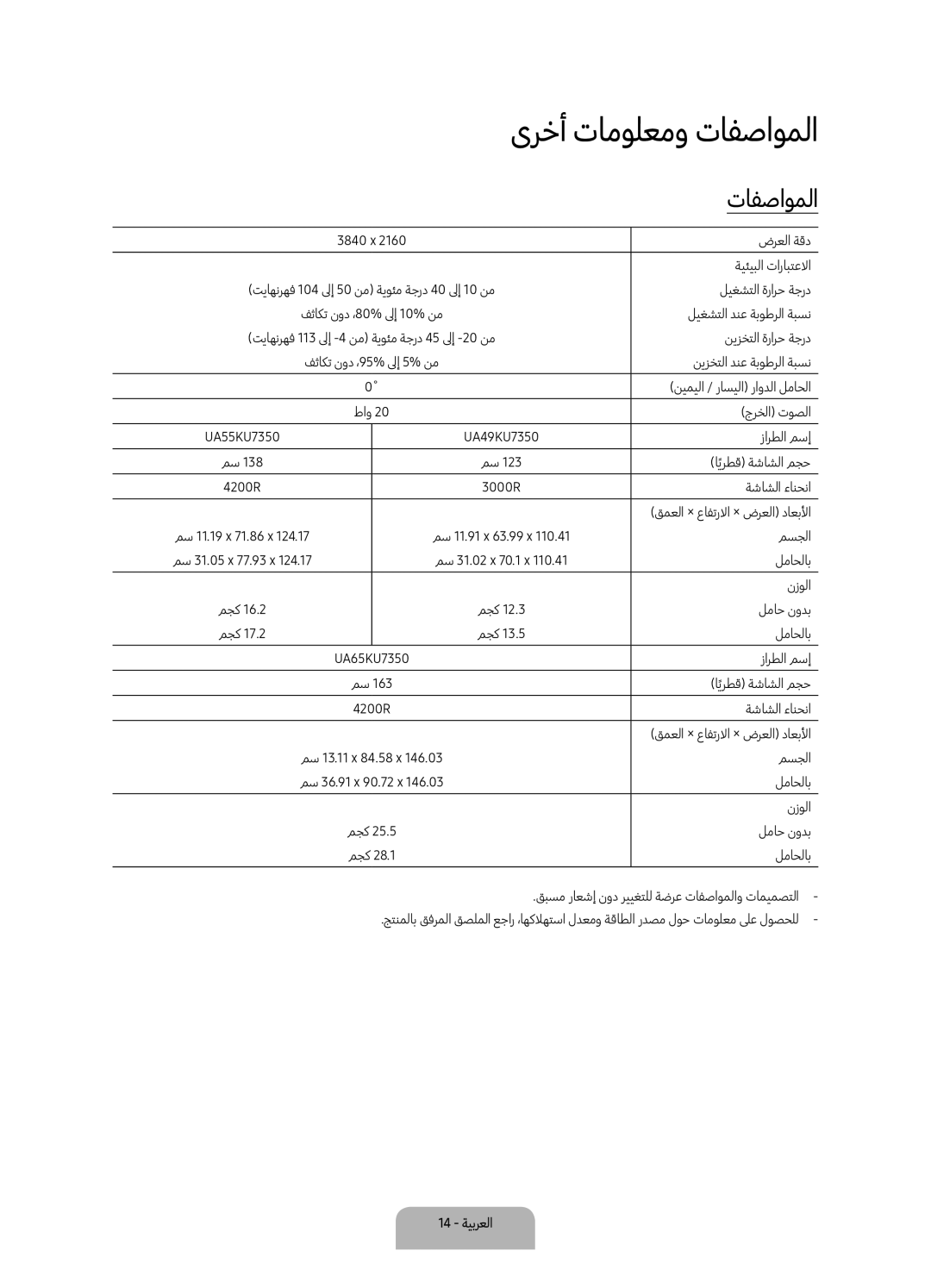 Samsung UA65KU7350RXUM, UA49KU7350RXUM, UA55KU7350RXUM manual ىرخأ تامولعمو تافصاوملا 