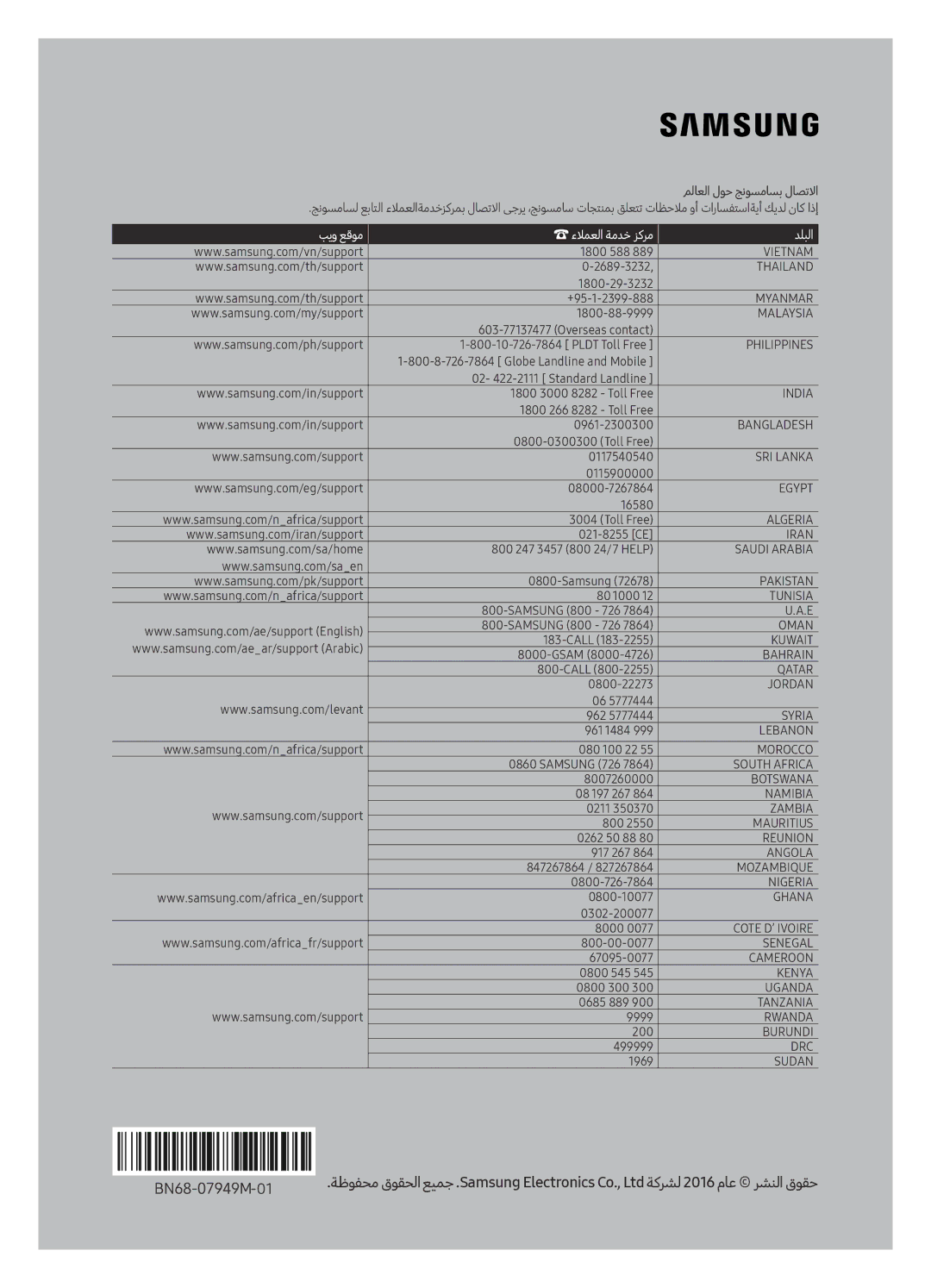 Samsung UA55KU7350RXUM, UA49KU7350RXUM, UA65KU7350RXUM manual بيو عقوم ءلامعلا ةمدخ زكرم دلبلا 