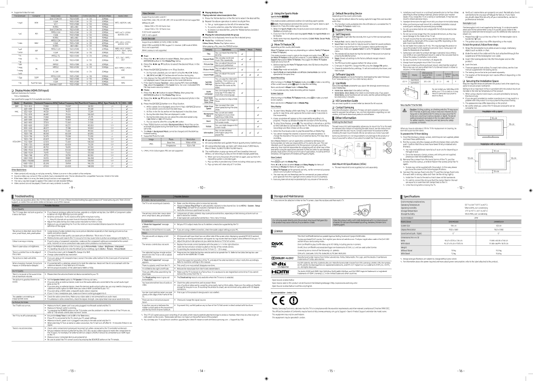 Samsung UA49M5000ARXUM Support Menu, OtherInformation, Troubleshooting, Storage and Maintenance, Licence, Specifications 