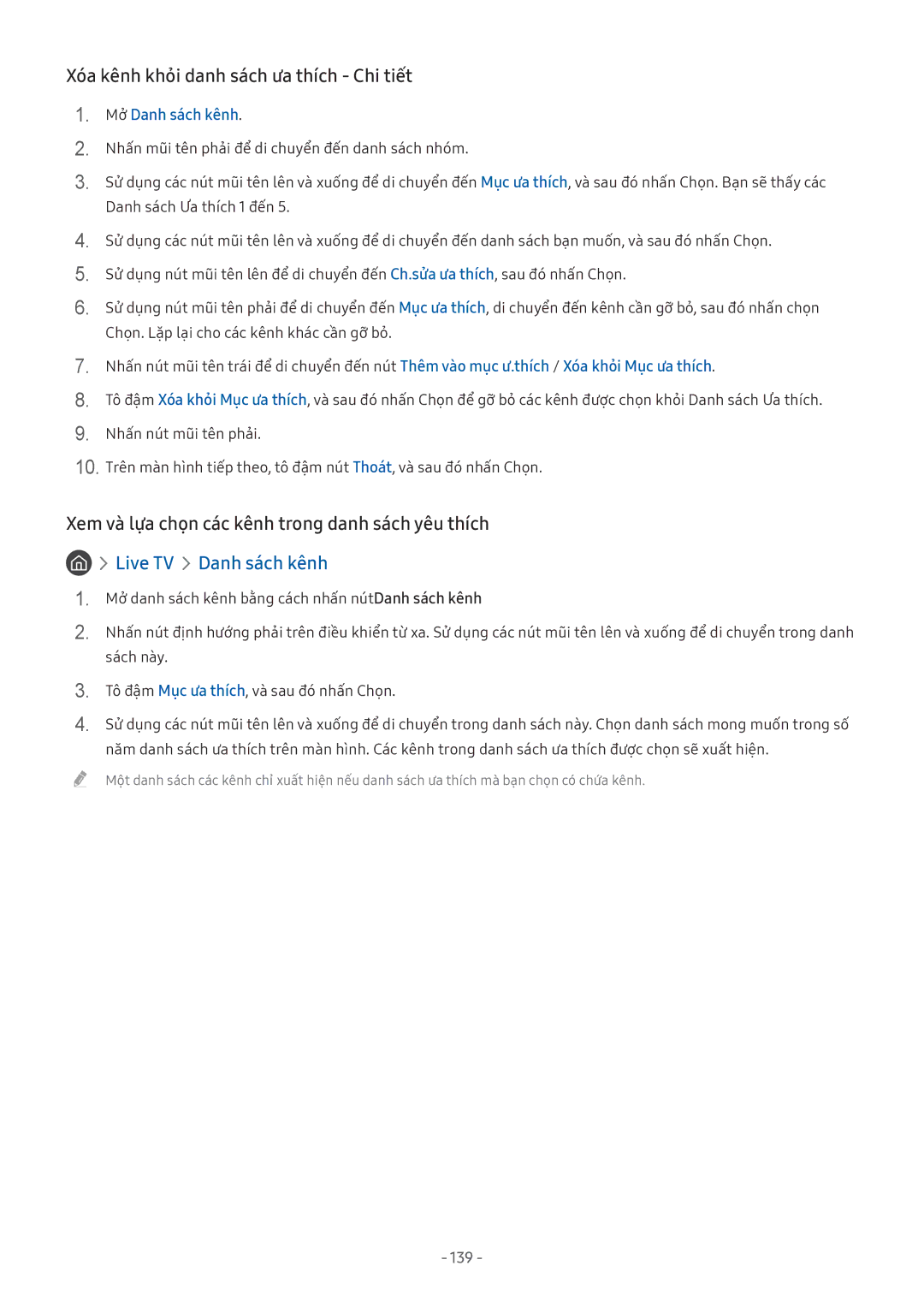 Samsung UA43M5503AKXXV manual Xóa kênh khỏi danh sách ưa thích Chi tiết, Xem và lựa chọn các kênh trong danh sách yêu thích 