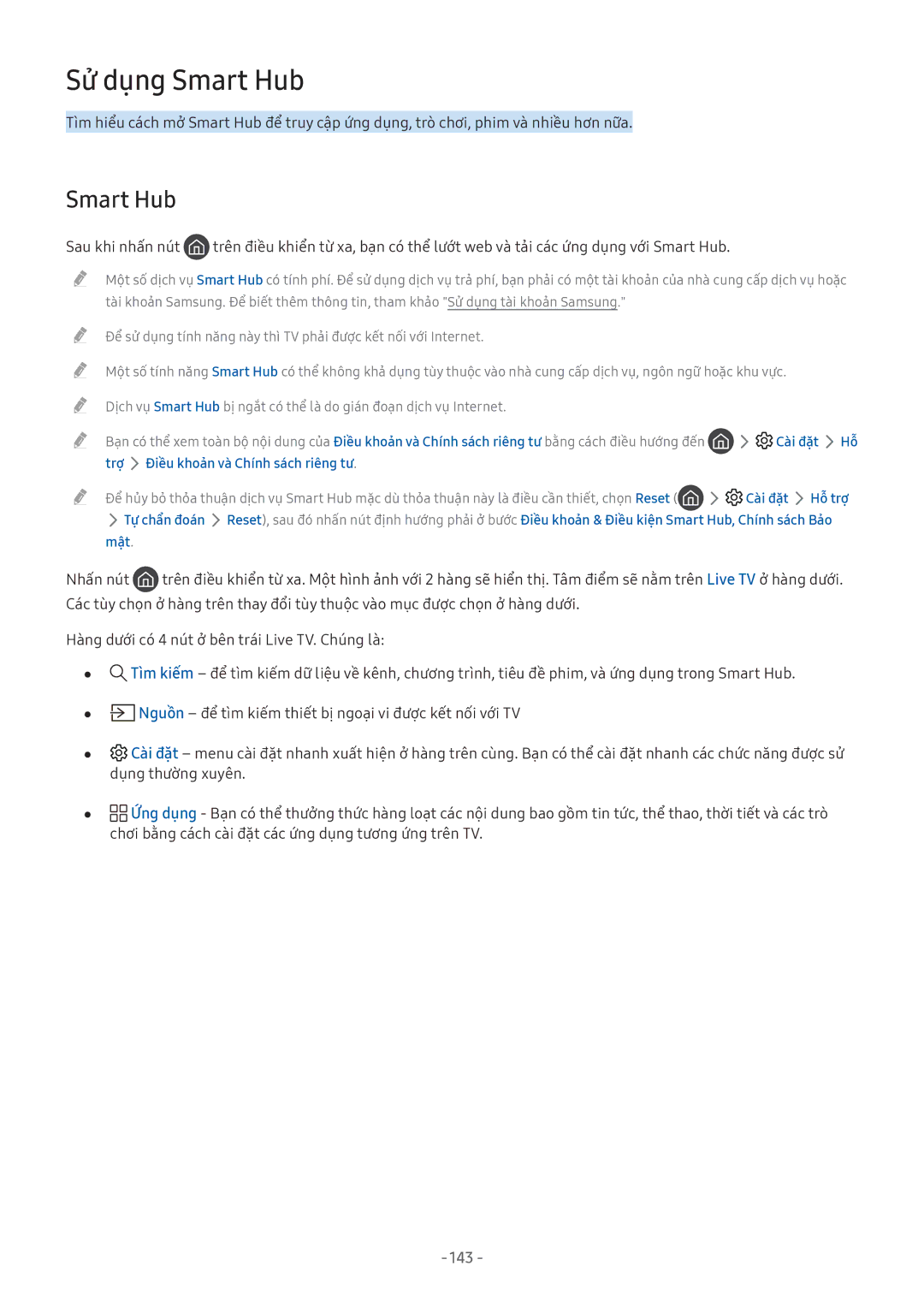 Samsung UA43M5520AKXXV, UA49M6300AKXXV, UA55M5520AKXXV, UA43M5523AKXXV manual Smart Hub, Trơ Điều khoản và Chính sách riêng tư 
