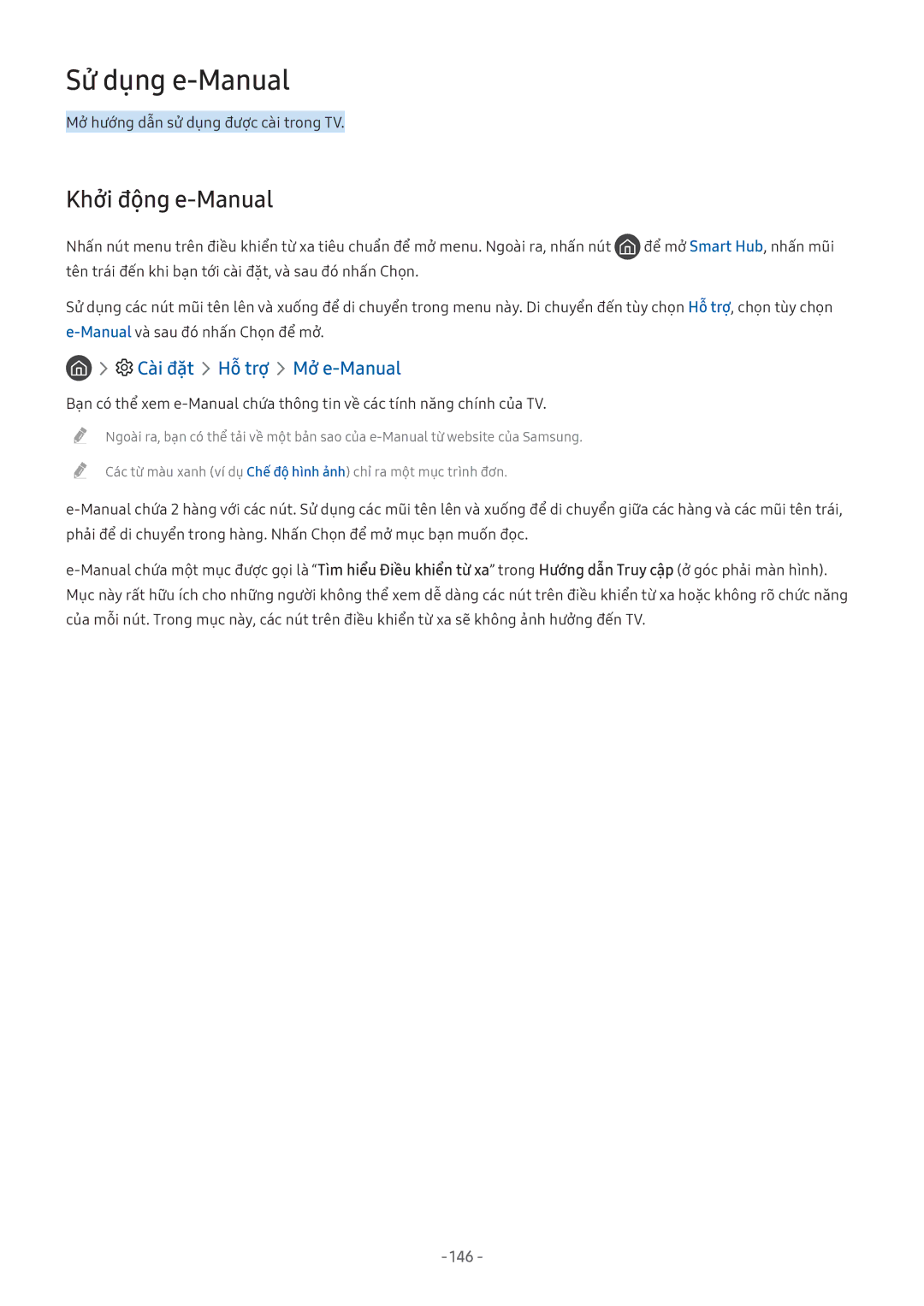 Samsung UA49M5520AKXXV manual Khởi động e-Manual, Mở hướng dẫn sử dụng được cài trong TV, Để mở Smart Hub, nhấn mũi 