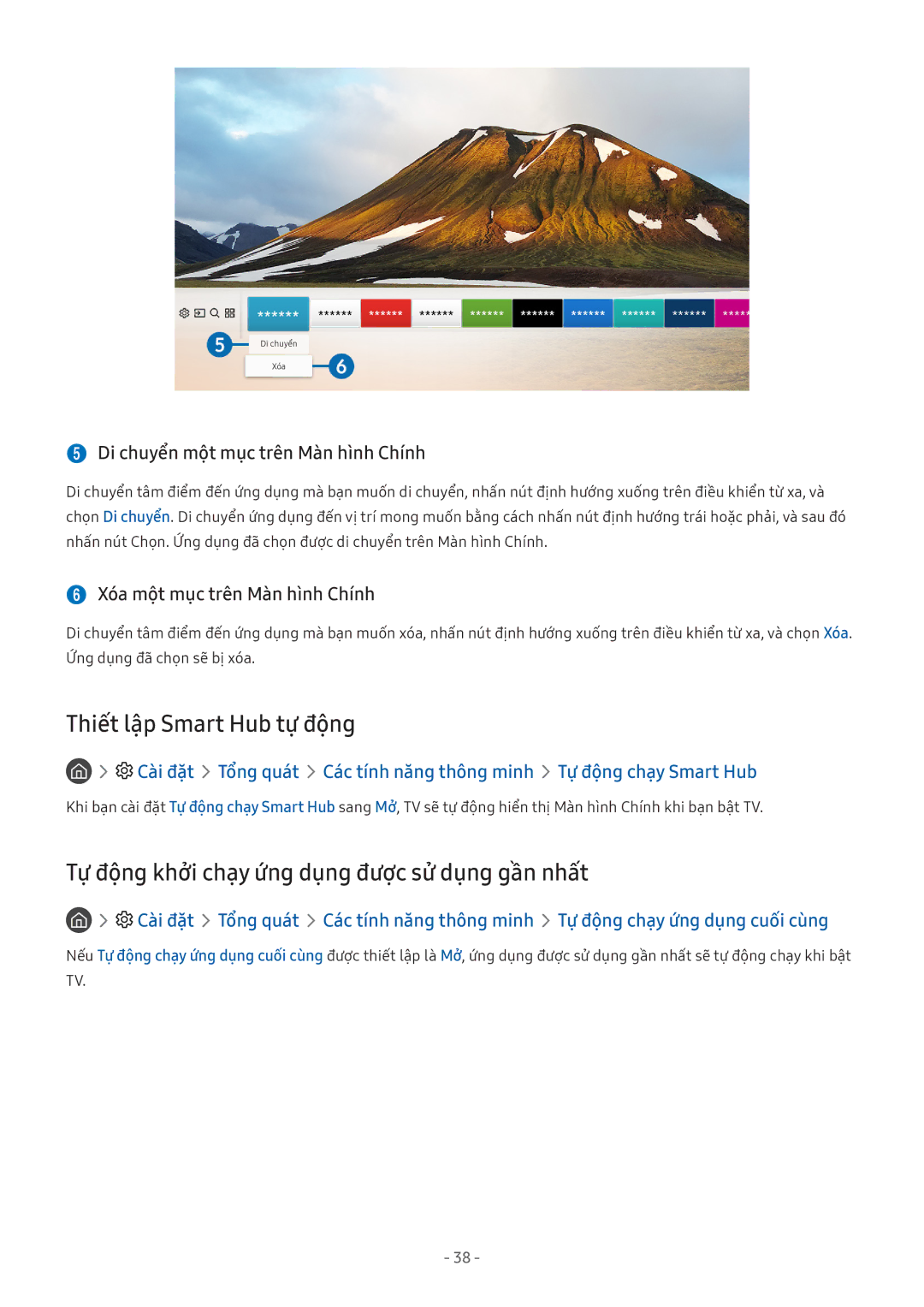 Samsung UA49M5503AKXXV, UA49M6300AKXXV manual Thiết lập Smart Hub tự động, Tự động khởi chạy ứng dụng được sử dụng gần nhất 