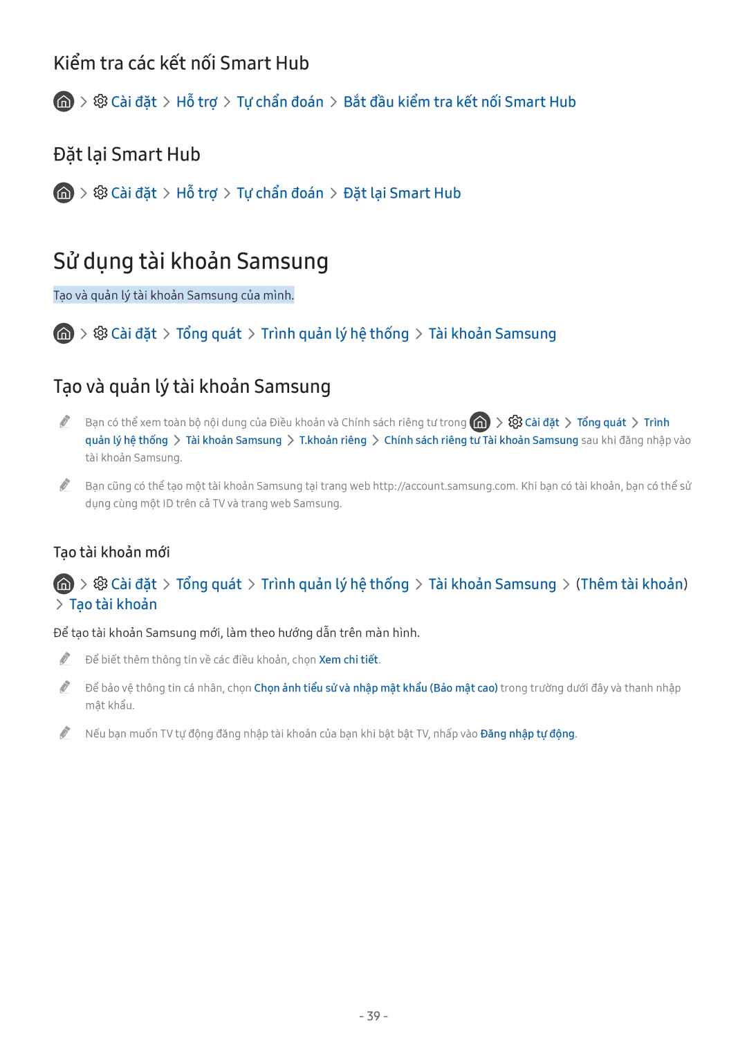 Samsung UA55M5503AKXXV, UA49M6300AKXXV manual Sử dụng tài khoản Samsung, Kiểm tra các kết nối Smart Hub, Đặ̣t lại Smart Hub 