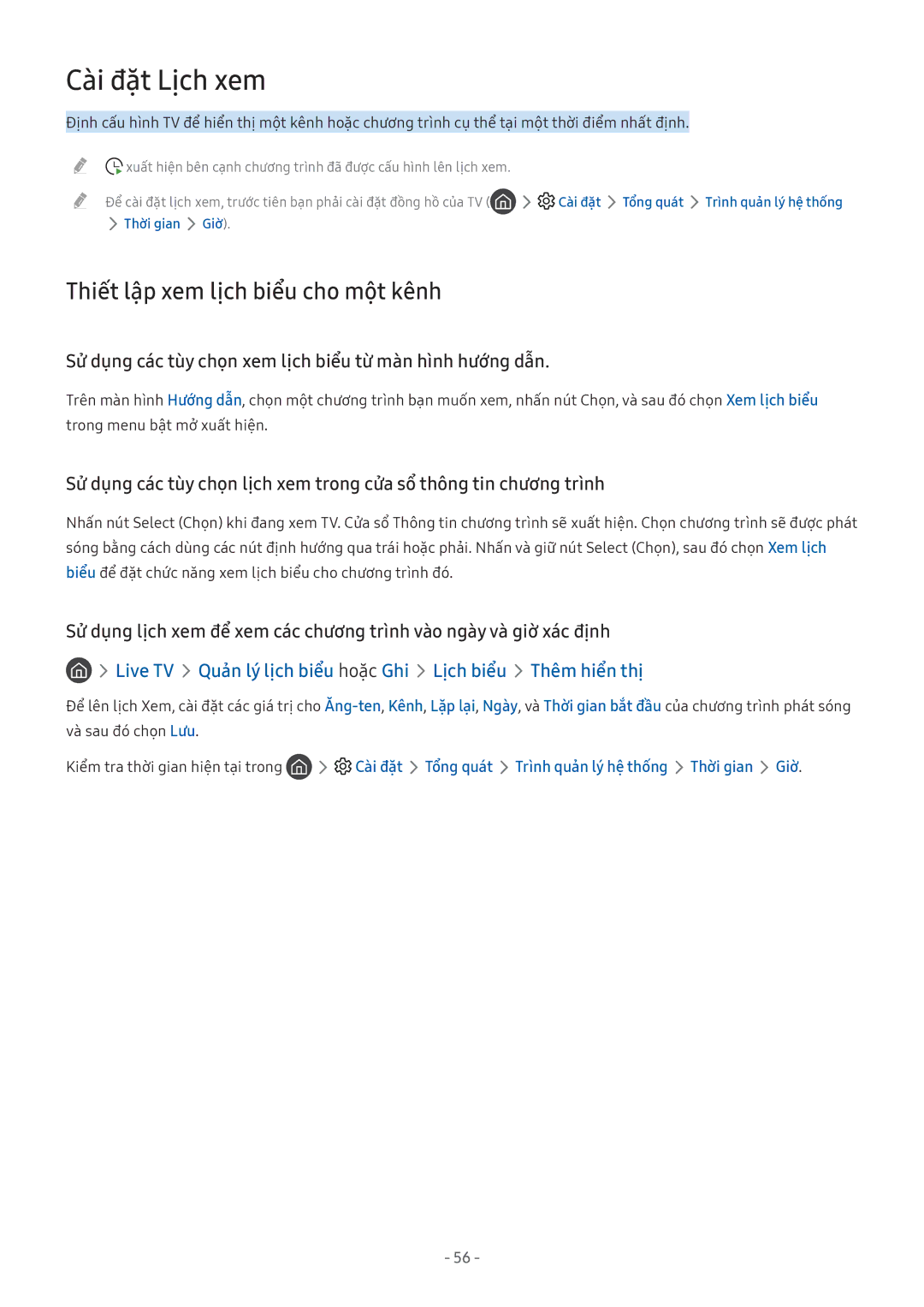 Samsung UA55M5503AKXXV, UA49M6300AKXXV, UA55M5520AKXXV manual Cài đặ̣t Lịch xem, Thiết lập xem lịch biểu cho một kênh 