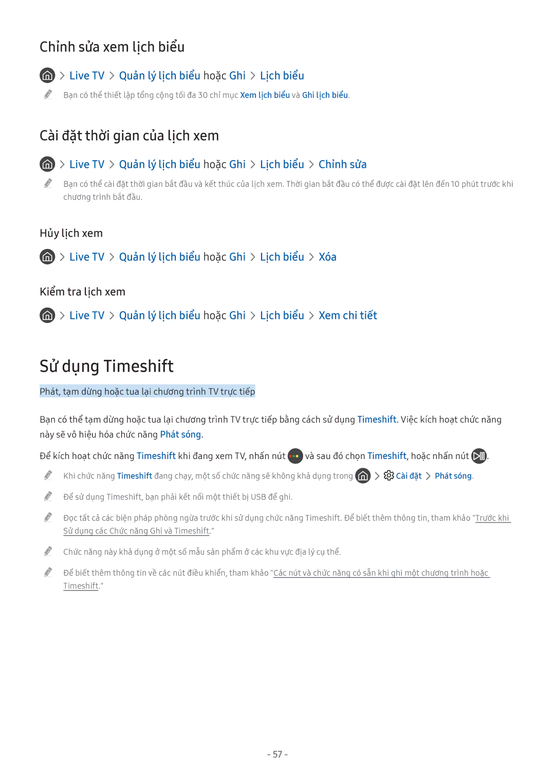 Samsung UA32M5500AKXXV manual Sử dụng Timeshift, Chỉnh sửa xem lịch biểu, Cài đặ̣t thời gian của lịch xem, Hủy lịch xem 