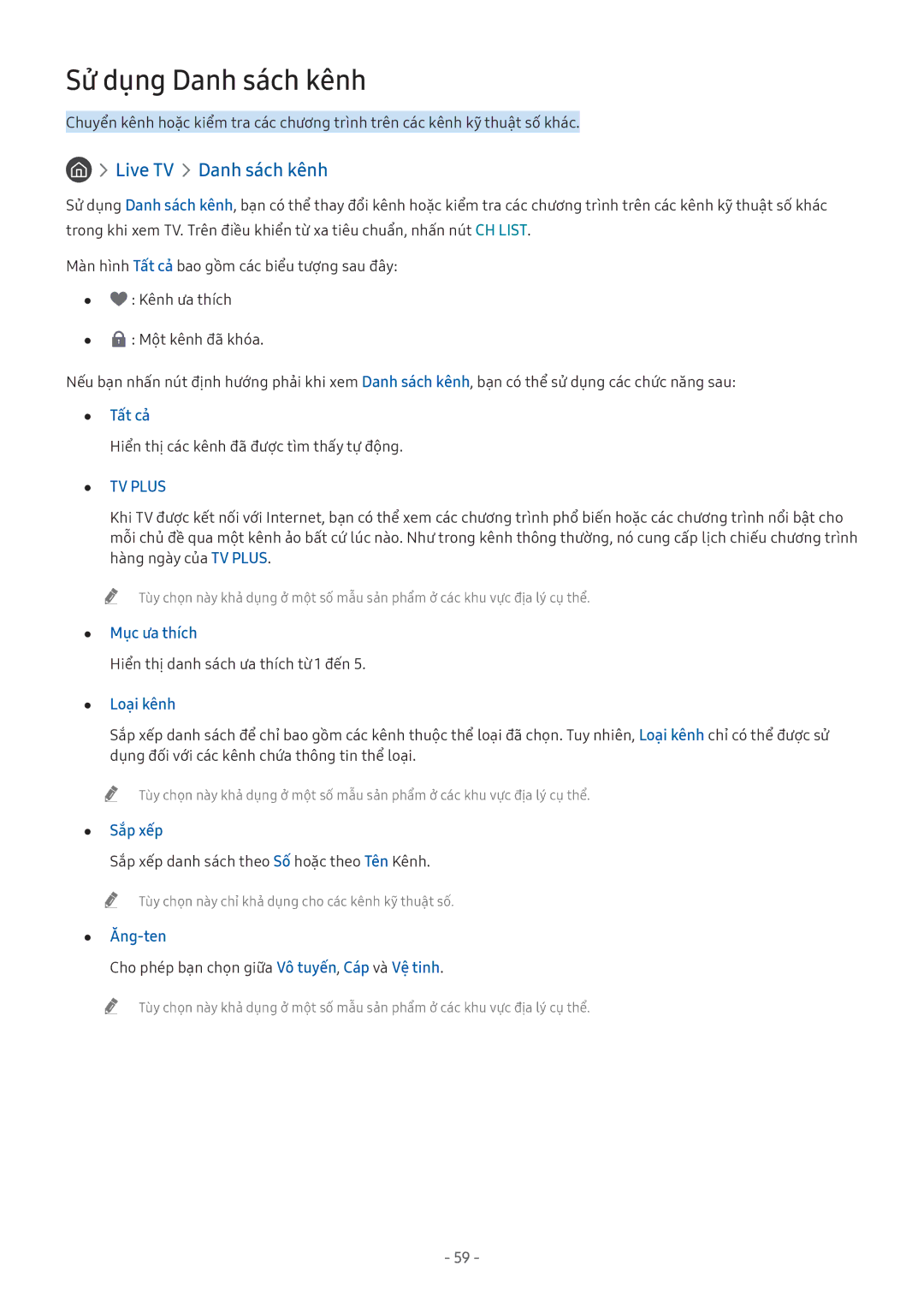 Samsung UA32M5503AKXXV, UA49M6300AKXXV, UA55M5520AKXXV, UA43M5523AKXXV manual Sử dụng Danh sach kênh, Live TV Danh sach kênh 