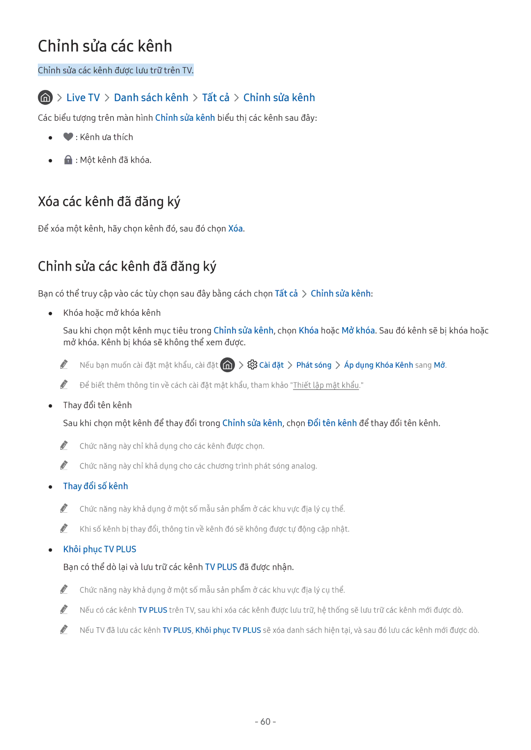 Samsung UA49M5500AKXXV, UA49M6300AKXXV, UA55M5520AKXXV manual Xóa các kênh đã đăng ký, Chỉnh sửa các kênh đã đăng ký 