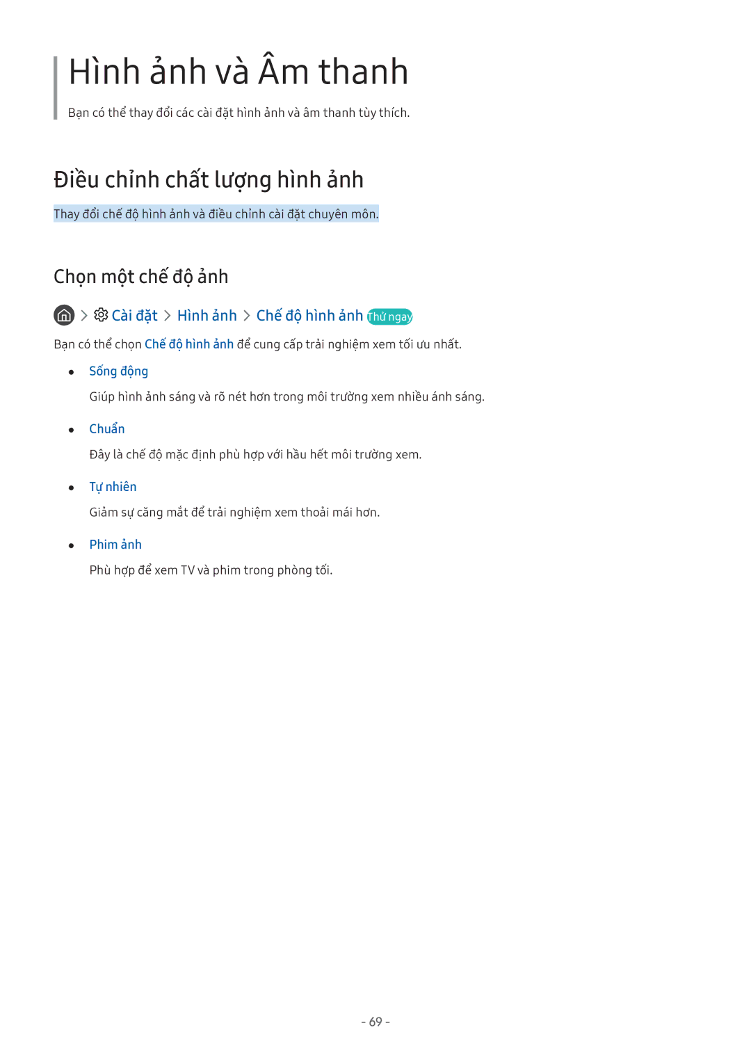 Samsung UA55M6303AKXXV Điều chỉnh chất lượng hình ảnh, Chọn một chế độ ảnh, Cài đặt Hình ảnh Chế độ hình ảnh Thử ngay 