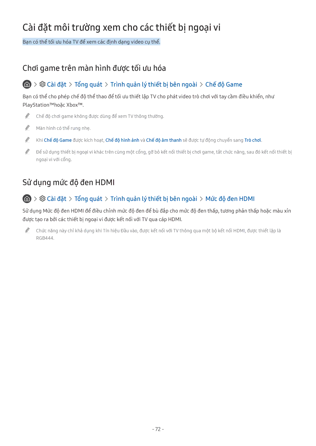 Samsung UA49M5503AKXXV manual Cài đặ̣t môi trường xem cho các thiết bị ngoại, Chơi game trên màn hình được tối ưu hóa 