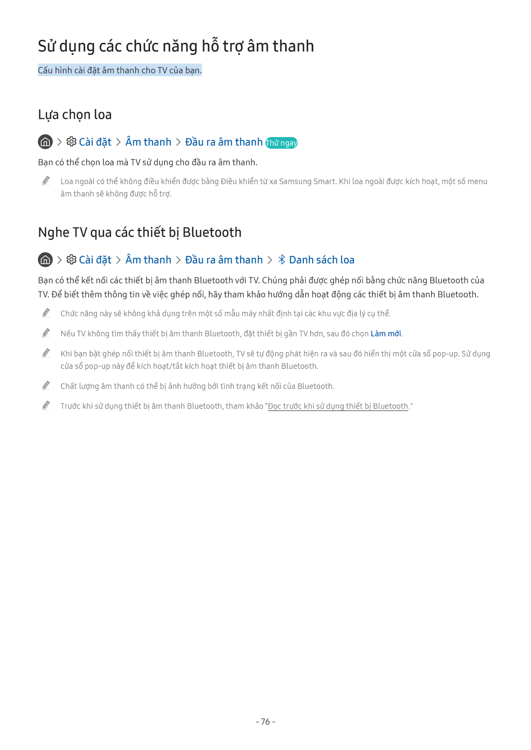 Samsung UA32M5503AKXXV manual Sử dụng các chức năng hỗ trợ âm thanh, Lựa chọn loa, Nghe TV qua các thiết bị Bluetooth 