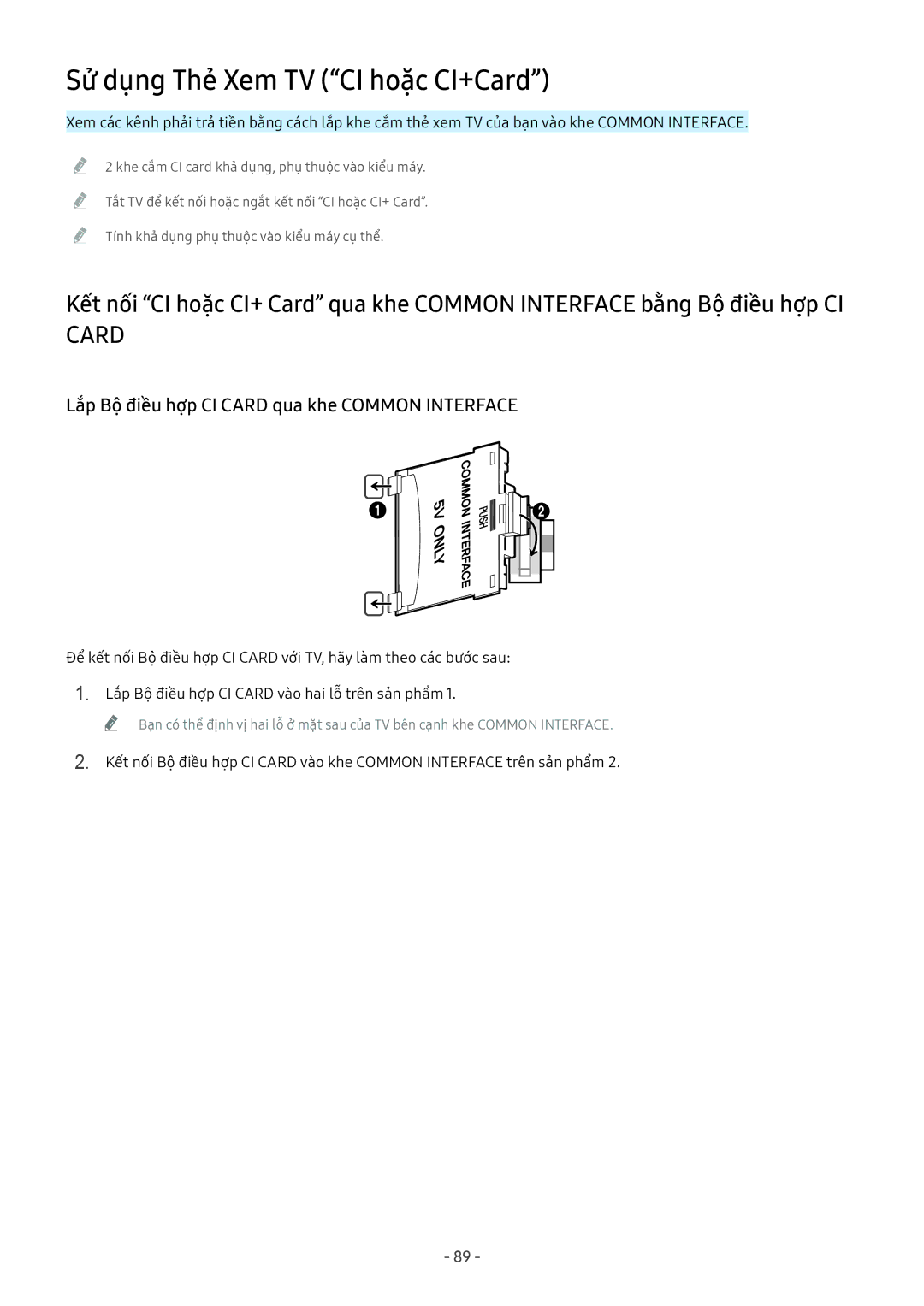 Samsung UA49M5503AKXXV manual Sử dụng Thẻ Xem TV CI hoặ̣c CI+Card, Lắp Bộ điều hợp CI Card qua khe Common Interface 