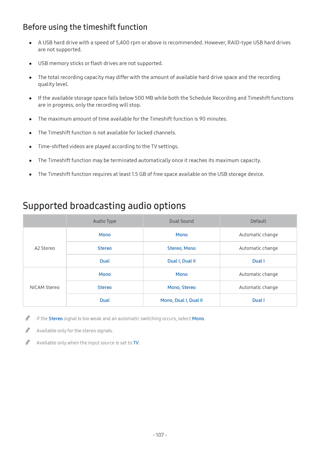 Samsung UA55M5503AKXXV Supported broadcasting audio options, Before using the timeshift function, Mono Automatic change 