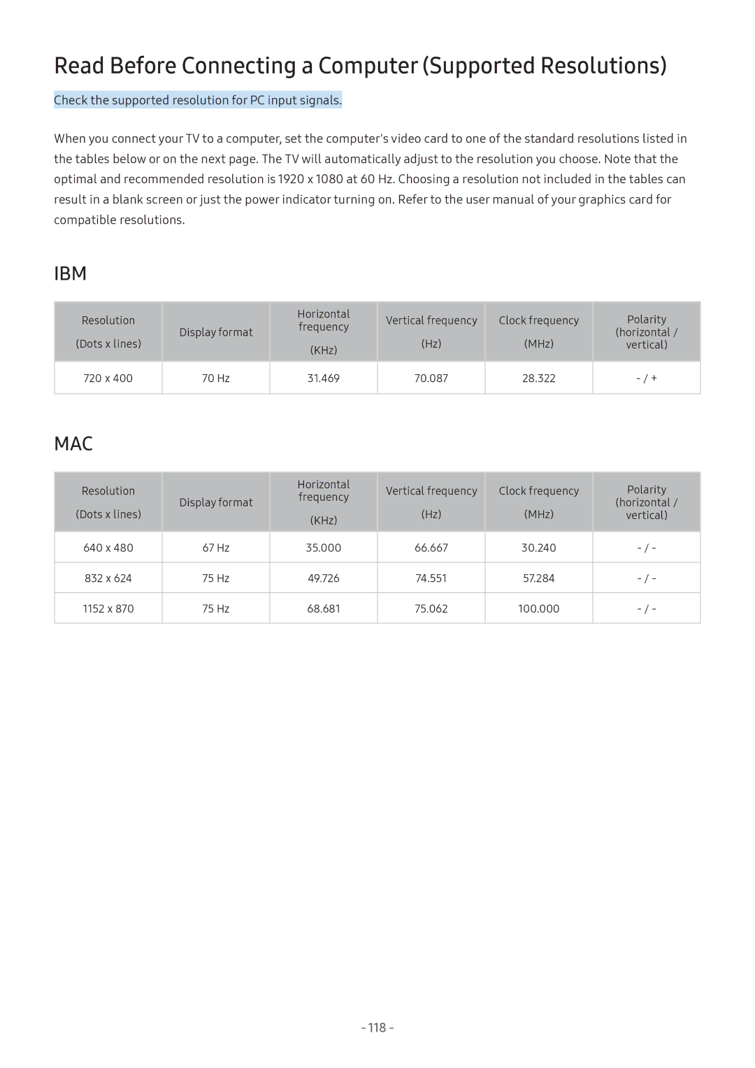 Samsung UA49M6303AKXXV, UA49M6300AKXXV, UA55M5520AKXXV manual Read Before Connecting a Computer Supported Resolutions, Ibm 