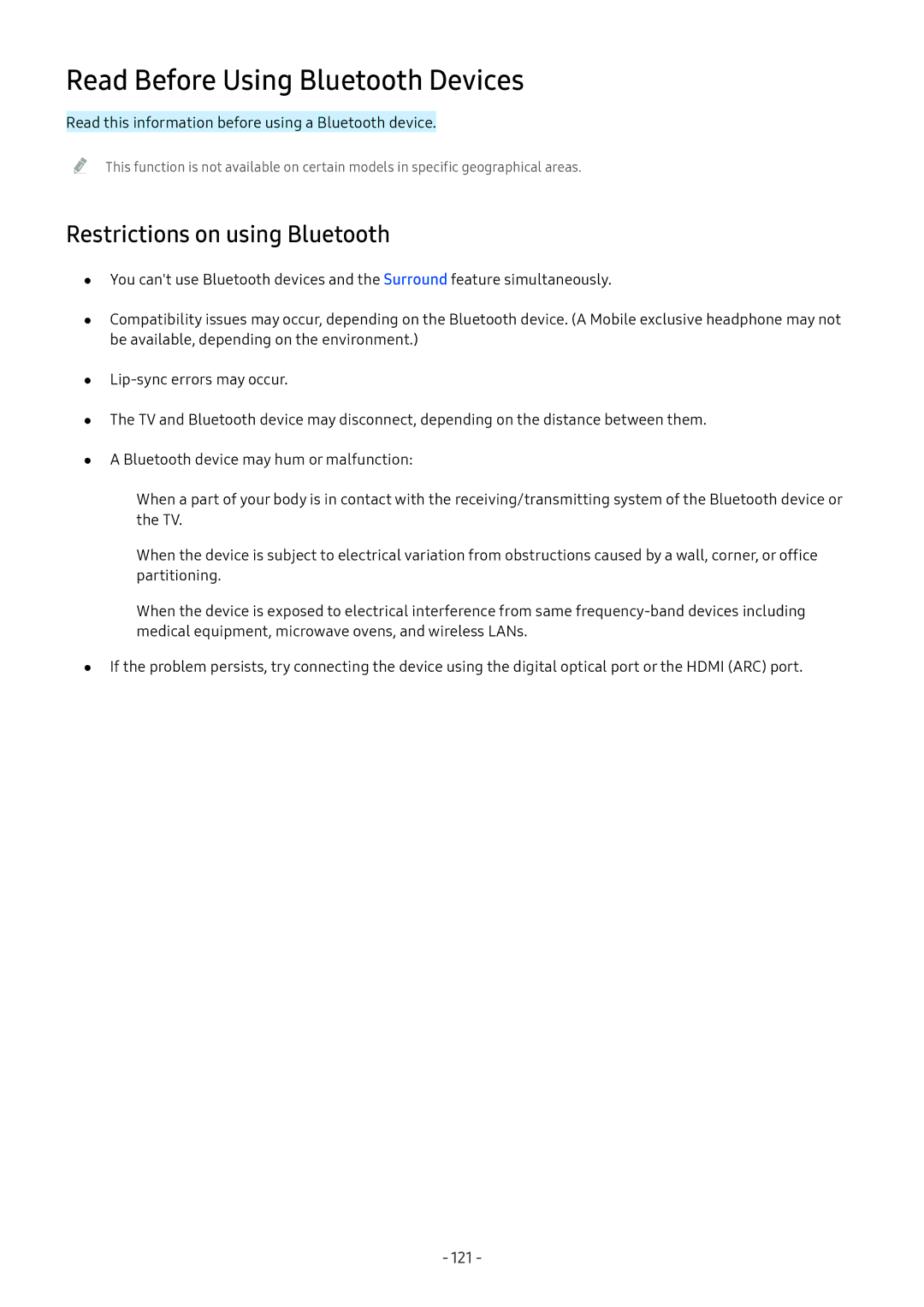 Samsung UA49M5523AKXXV, UA49M6300AKXXV, UA55M5520AKXXV Read Before Using Bluetooth Devices, Restrictions on using Bluetooth 