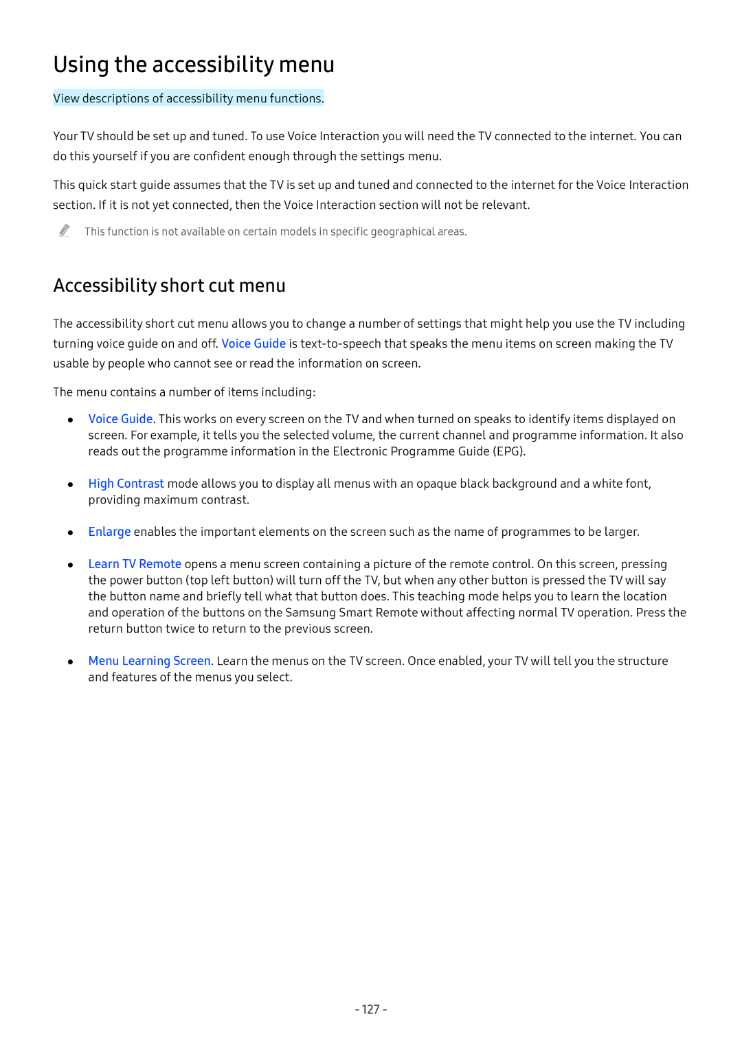 Samsung UA32M5503AKXXV, UA49M6300AKXXV, UA55M5520AKXXV manual Using the accessibility menu, Accessibility short cut menu 