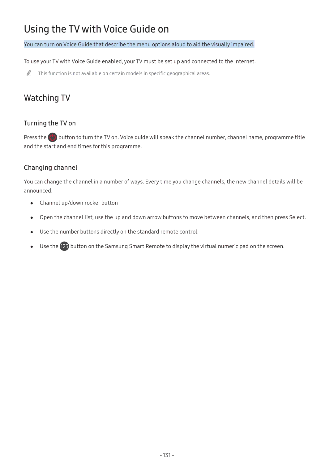 Samsung UA55M5520AKXXV, UA49M6300AKXXV Using the TV with Voice Guide on, Watching TV, Turning the TV on, Changing channel 