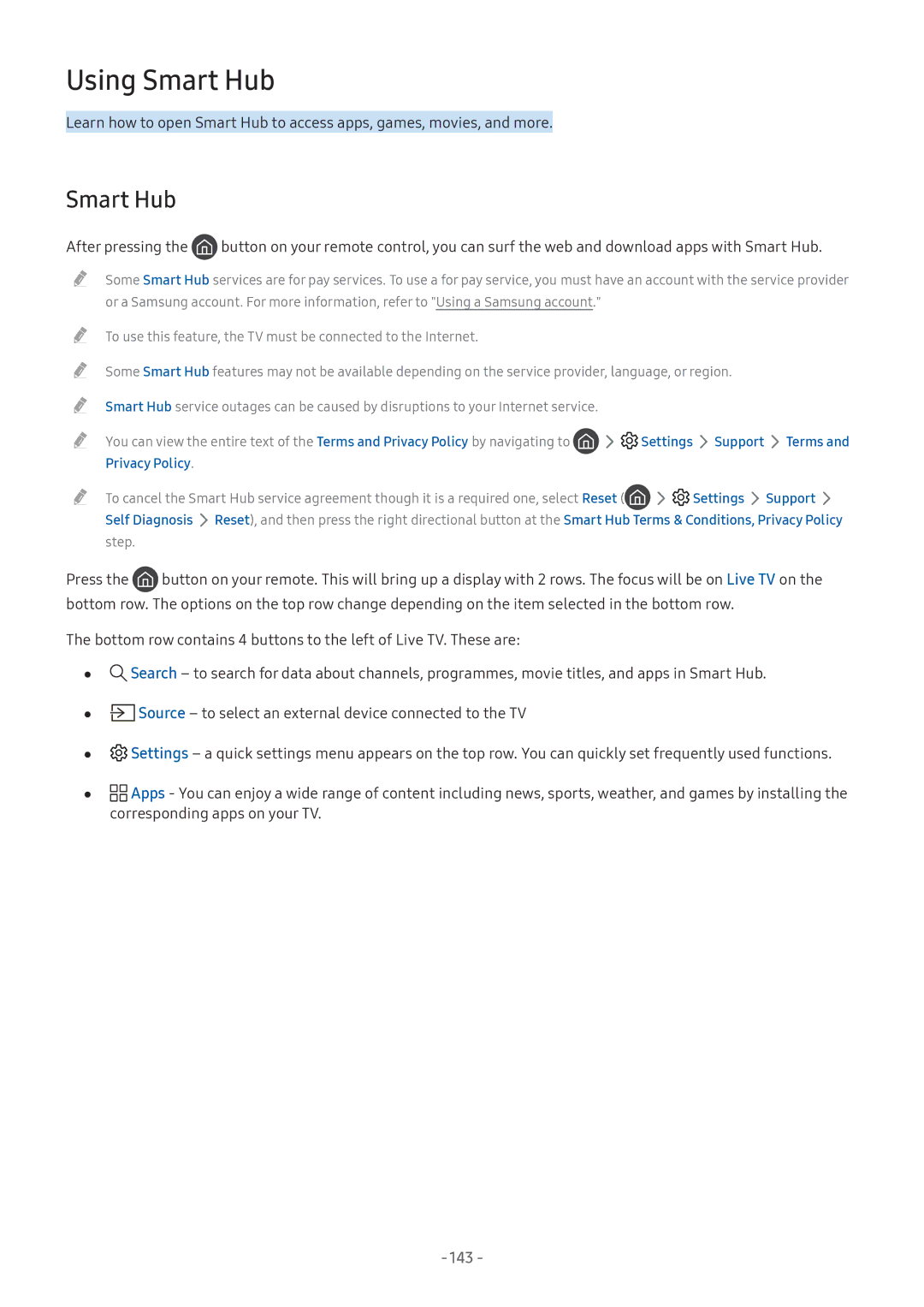 Samsung UA43M5520AKXXV, UA49M6300AKXXV, UA55M5520AKXXV, UA43M5523AKXXV Smart Hub, Settings Support Terms, Privacy Policy 