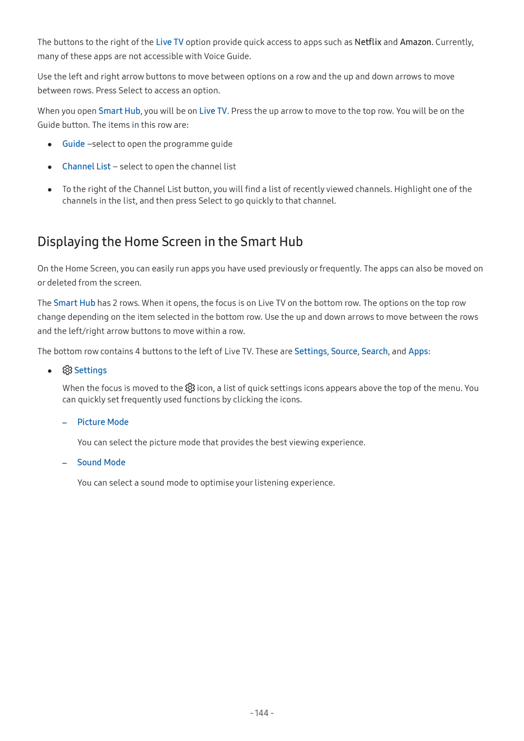 Samsung UA32M5503AKXXV, UA49M6300AKXXV, UA55M5520AKXXV, UA43M5523AKXXV Displaying the Home Screen in the Smart Hub, Settings 