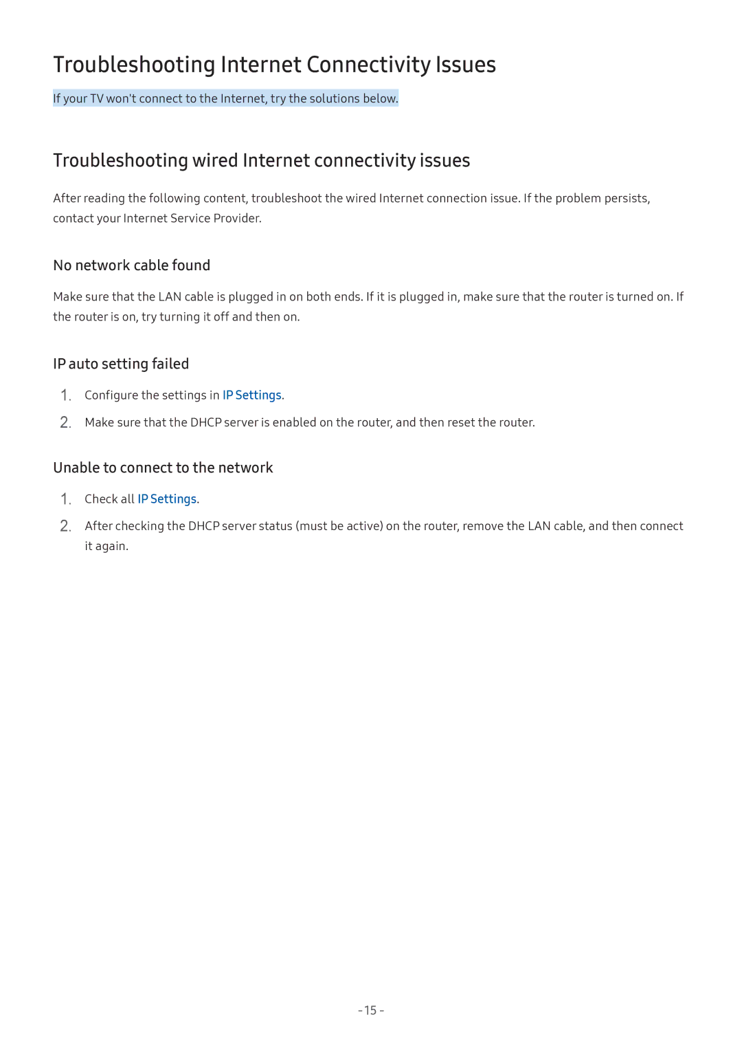 Samsung UA43M5500AKXXV Troubleshooting Internet Connectivity Issues, Troubleshooting wired Internet connectivity issues 