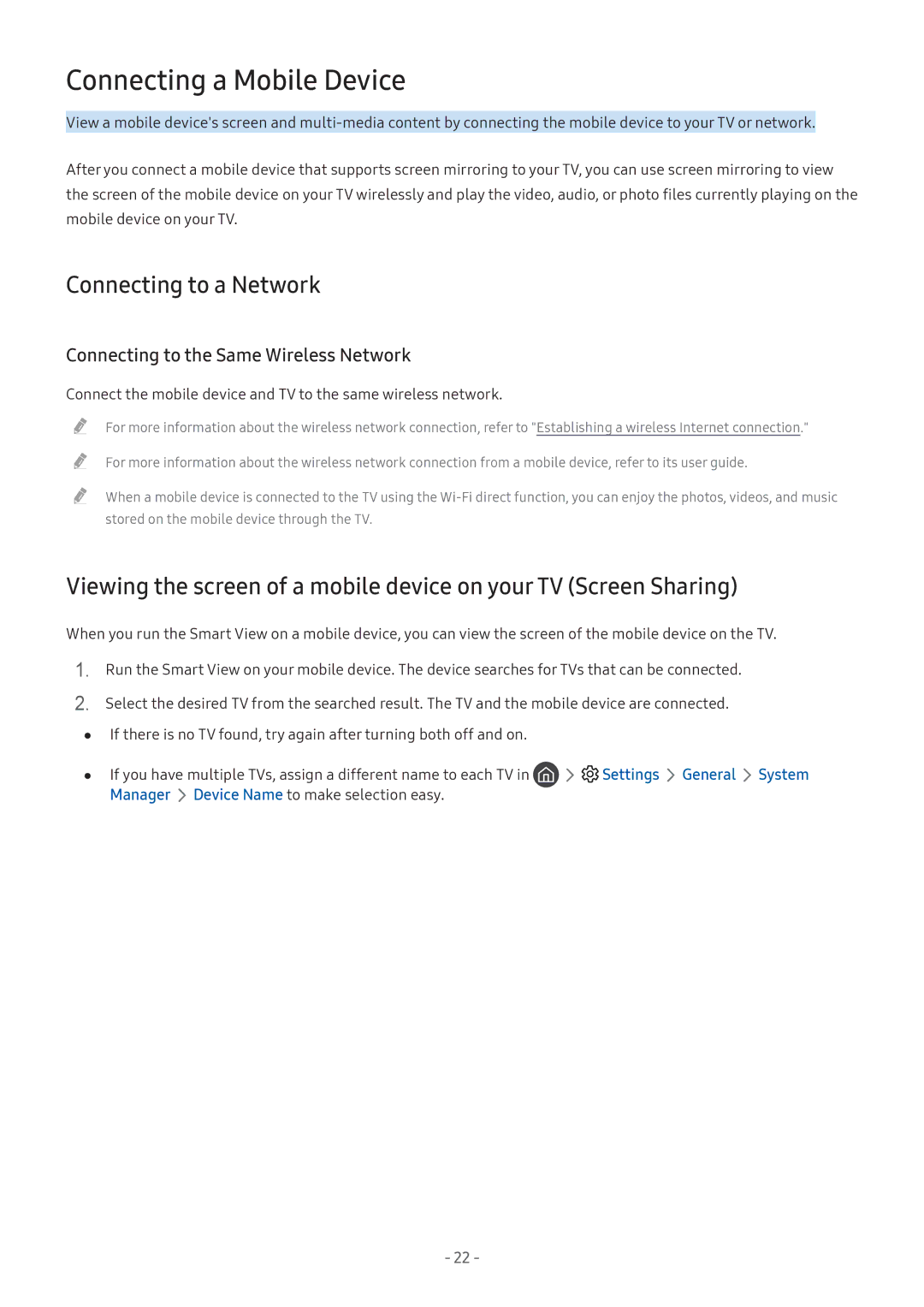 Samsung UA55M5503AKXXV manual Connecting a Mobile Device, Connecting to a Network, Connecting to the Same Wireless Network 