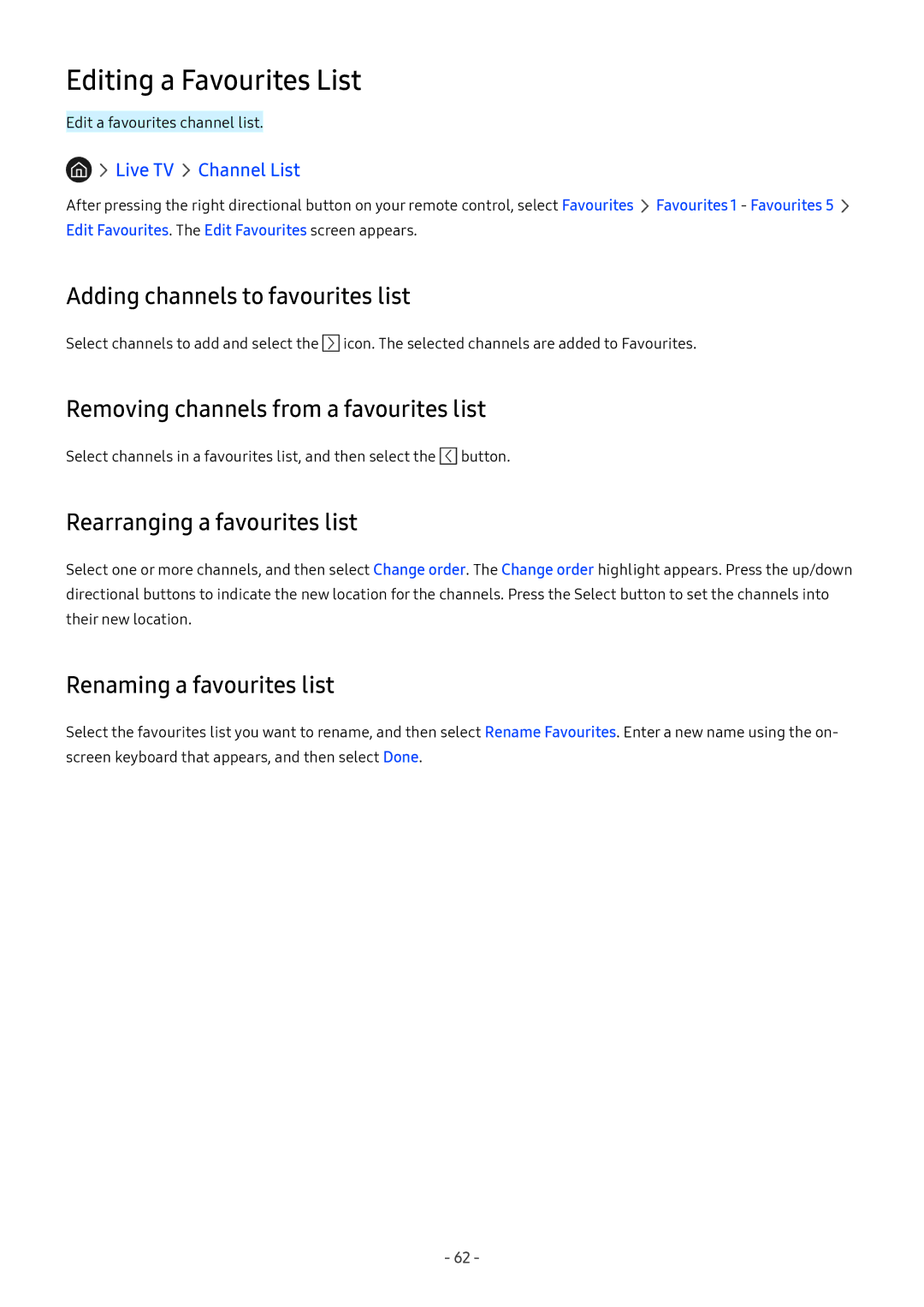 Samsung UA49M6300AKXXV manual Editing a Favourites List, Adding channels to favourites list, Rearranging a favourites list 