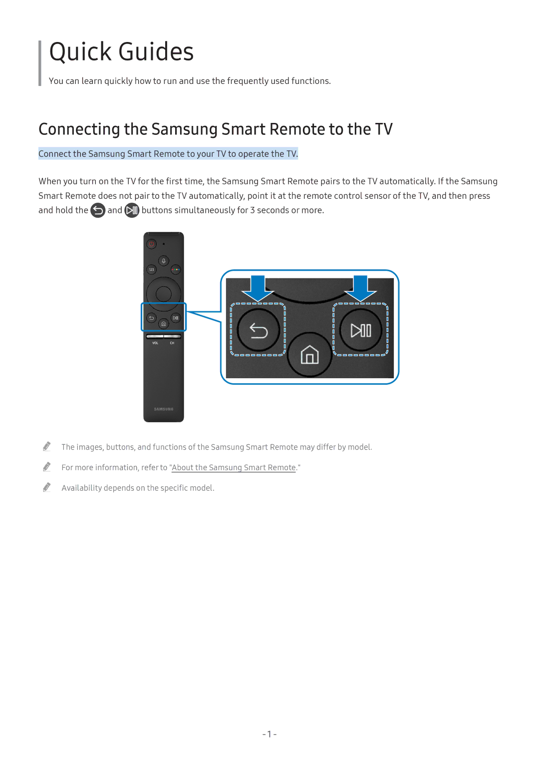 Samsung UA55M6303AKXXV, UA49M6300AKXXV, UA55M5520AKXXV manual Quick Guides, Connecting the Samsung Smart Remote to the TV 