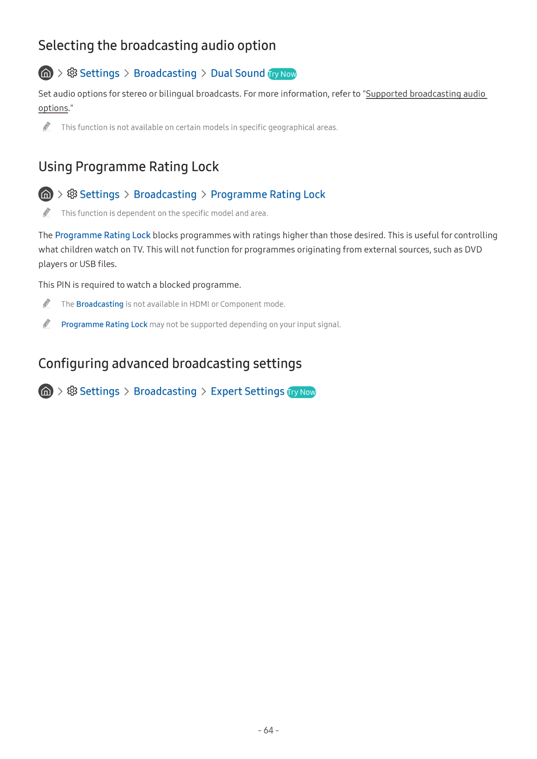 Samsung UA43M5523AKXXV, UA49M6300AKXXV, UA55M5520AKXXV Selecting the broadcasting audio option, Using Programme Rating Lock 