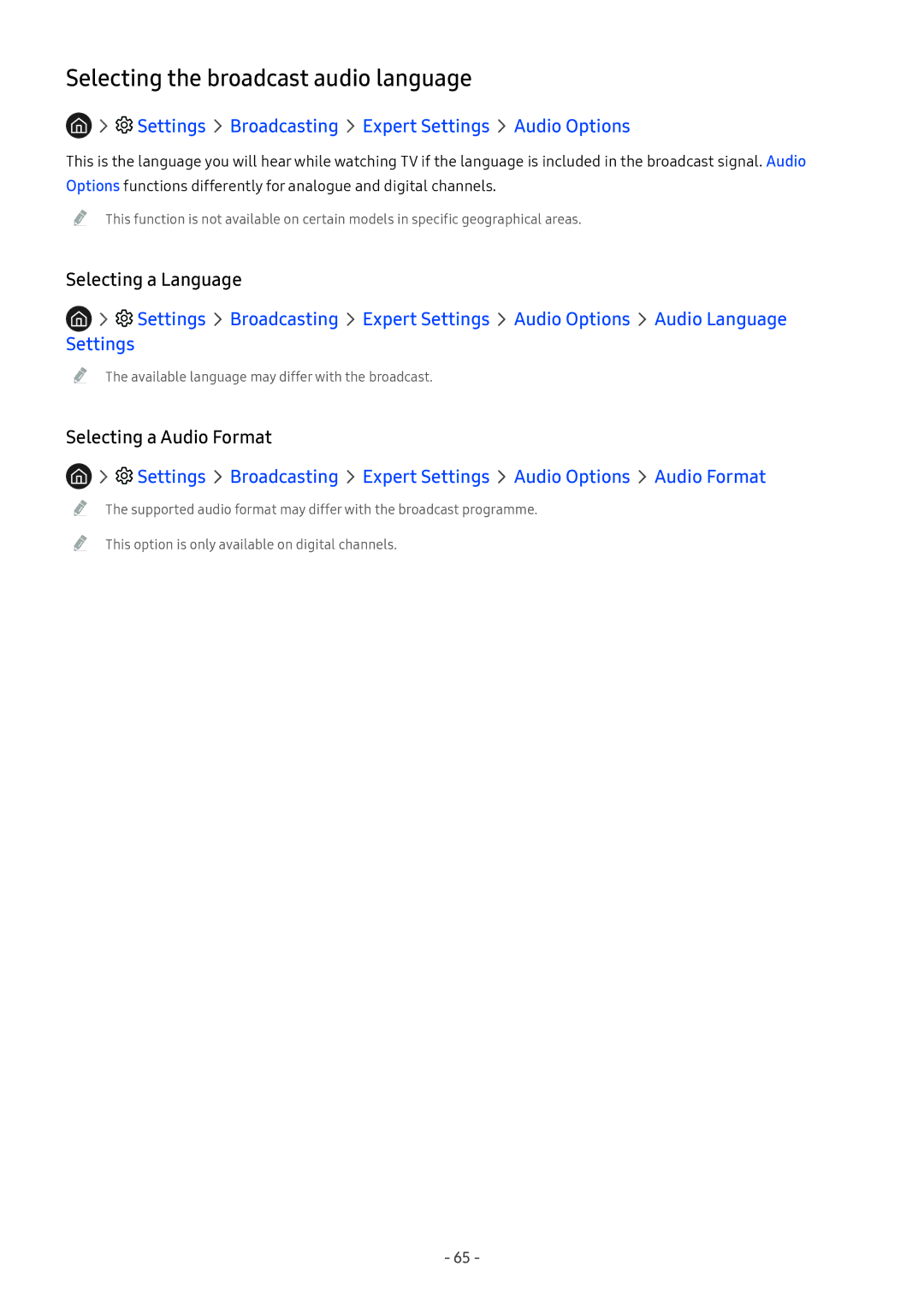 Samsung UA55M6300AKXXV manual Selecting the broadcast audio language, Settings Broadcasting Expert Settings Audio Options 