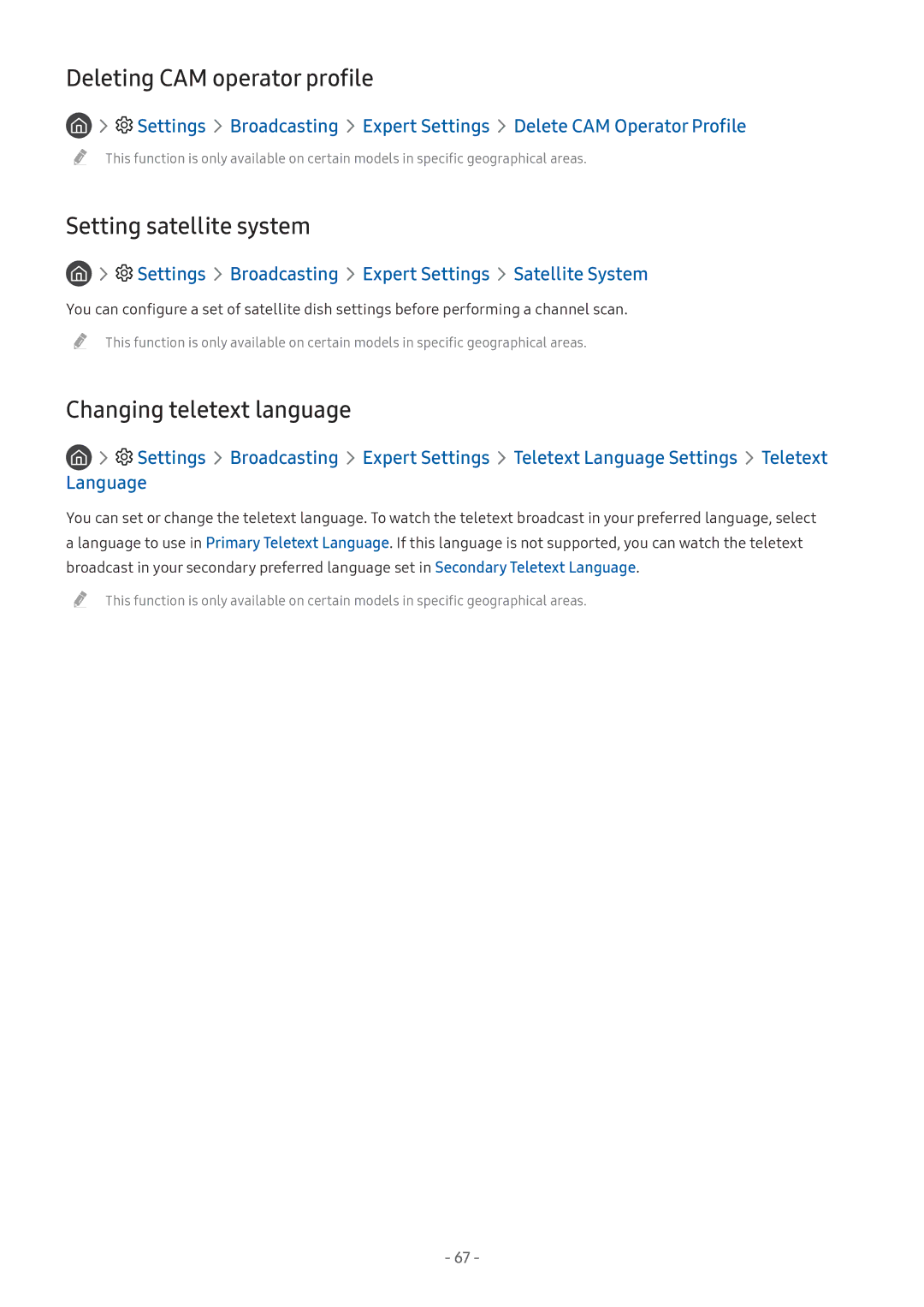 Samsung UA49M6303AKXXV, UA49M6300AKXXV Deleting CAM operator profile, Setting satellite system, Changing teletext language 