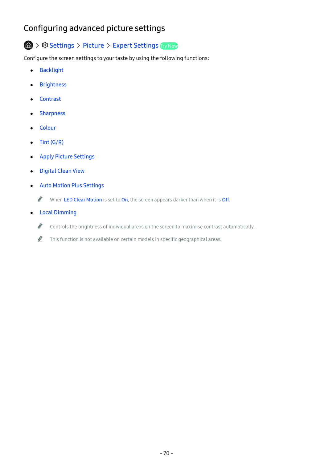 Samsung UA49M5523AKXXV Configuring advanced picture settings, Settings Picture Expert Settings Try Now, Local Dimming 