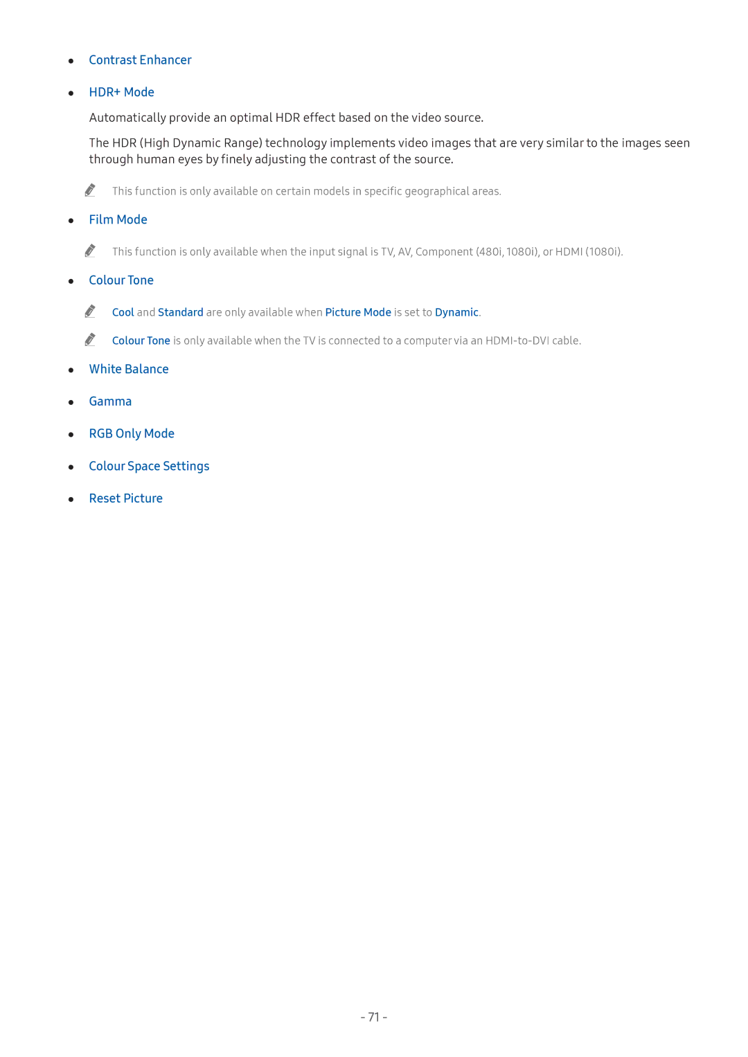 Samsung UA43M5503AKXXV, UA49M6300AKXXV, UA55M5520AKXXV, UA43M5523AKXXV Contrast Enhancer HDR+ Mode, Film Mode, Colour Tone 