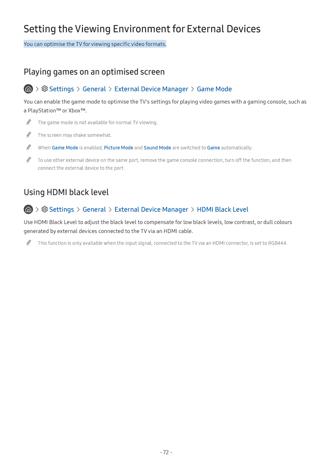 Samsung UA49M5503AKXXV manual Setting the Viewing Environment for External Devices, Playing games on an optimised screen 