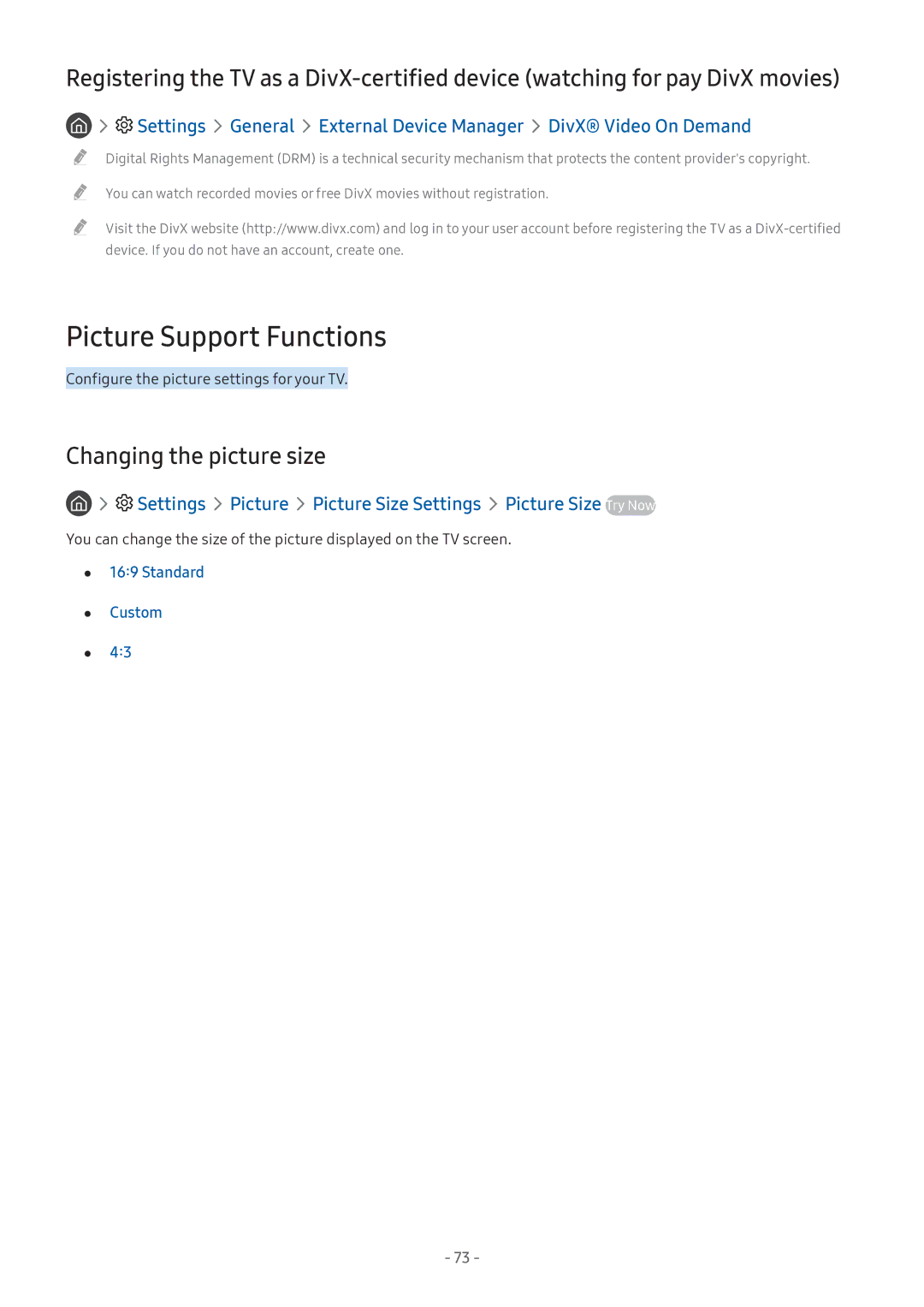 Samsung UA55M5503AKXXV, UA49M6300AKXXV manual Picture Support Functions, Changing the picture size, Standard Custom 