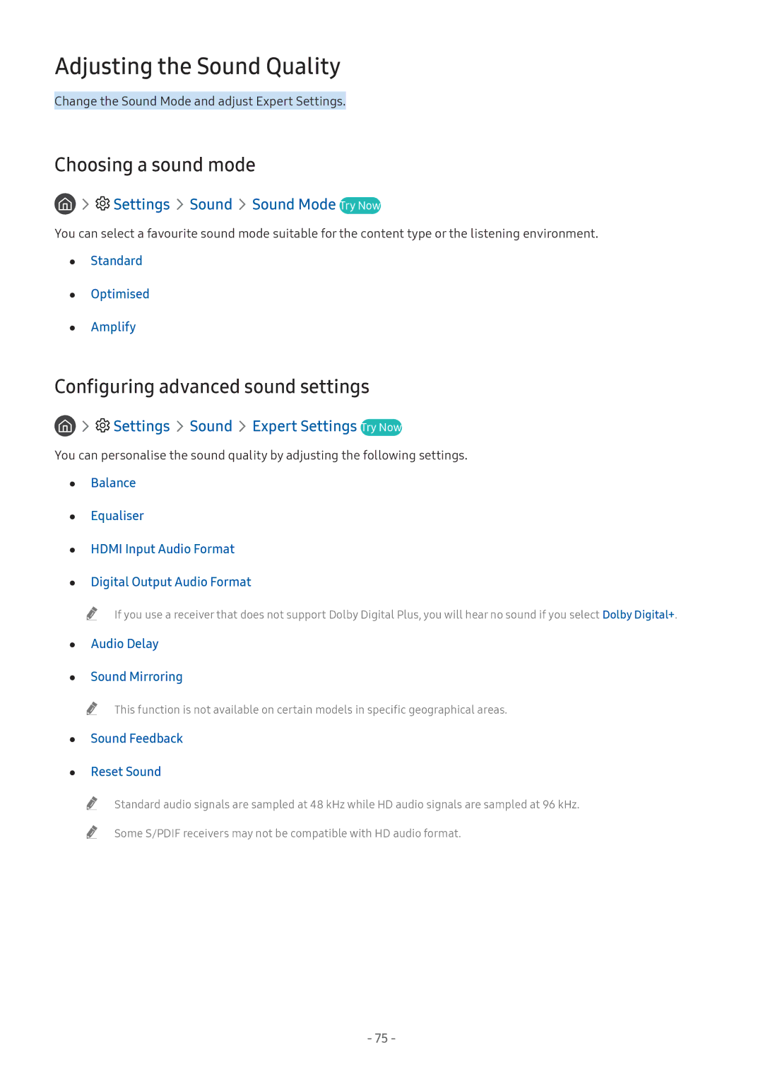 Samsung UA43M5520AKXXV manual Adjusting the Sound Quality, Choosing a sound mode, Configuring advanced sound settings 